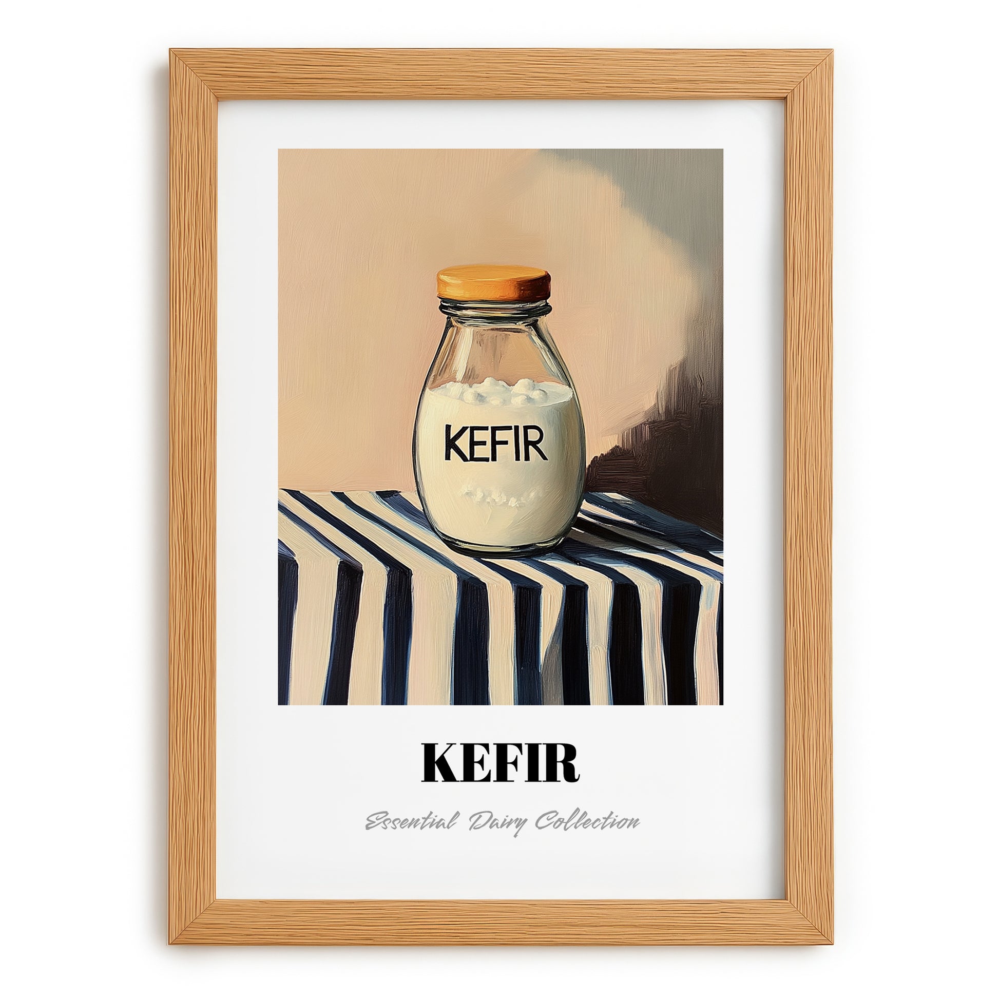 Kefir – on Striped Tablecloth, Dairy Wall Decor, set in oak frame
