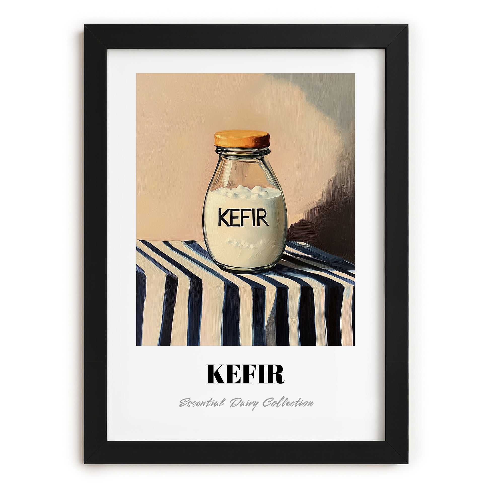 Kefir – on Striped Tablecloth, Dairy Wall Decor, in sleek black frame