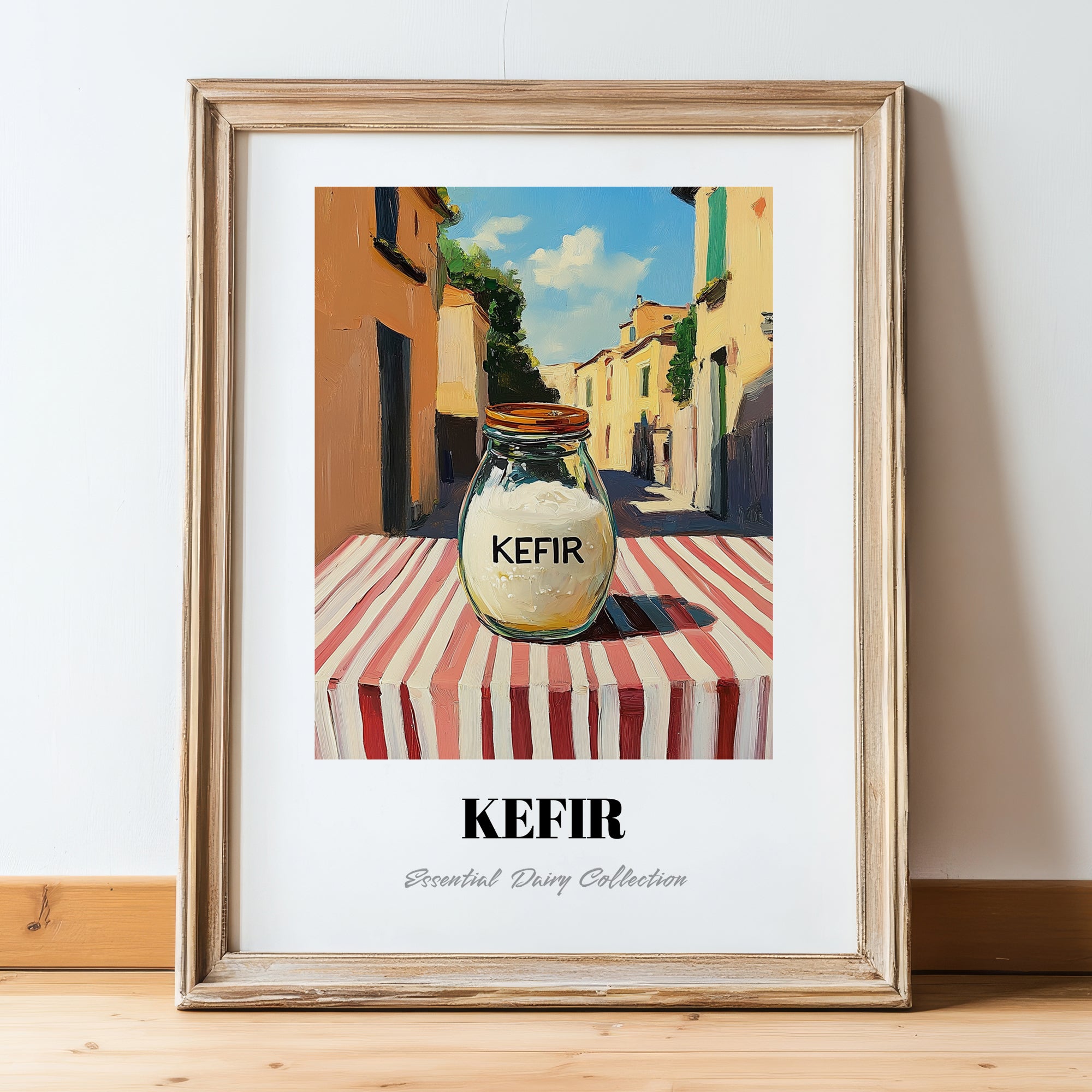 Kefir – Italian Urban Café Scene, Dairy Wall Decor, in wooden frame leaning on the floor