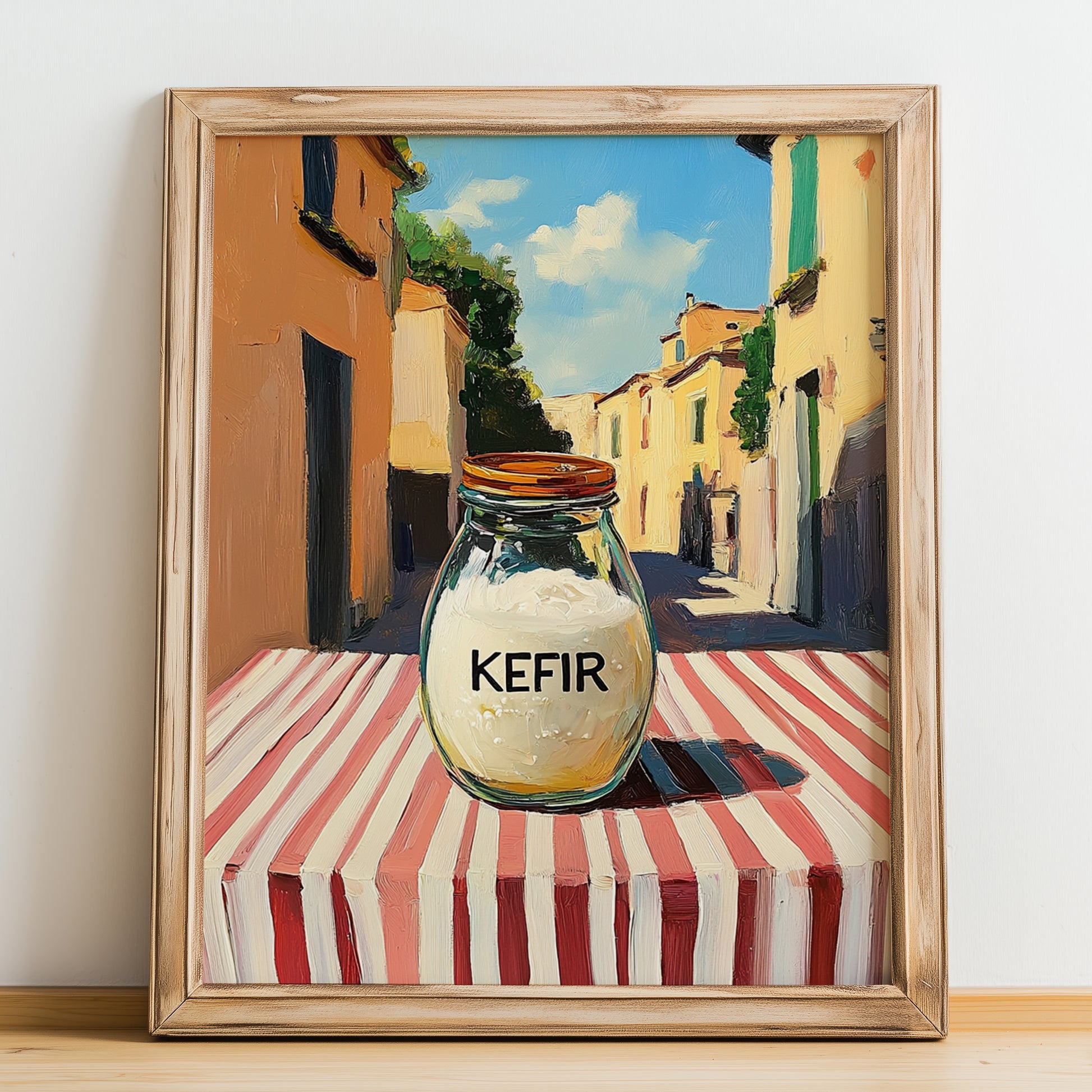 Kefir – Italian Urban Café Scene, Dairy Wall Decor, no-text version framed in wood