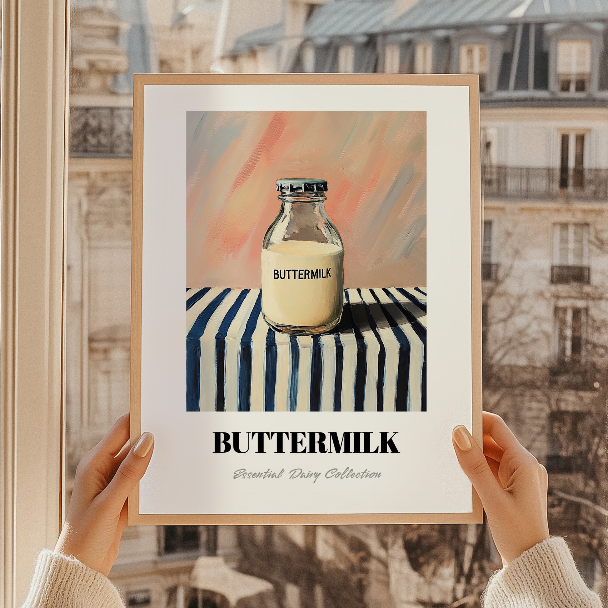 Buttermilk – on Striped Tablecloth, Dairy Wall Decor, styled in a charming Paris street view