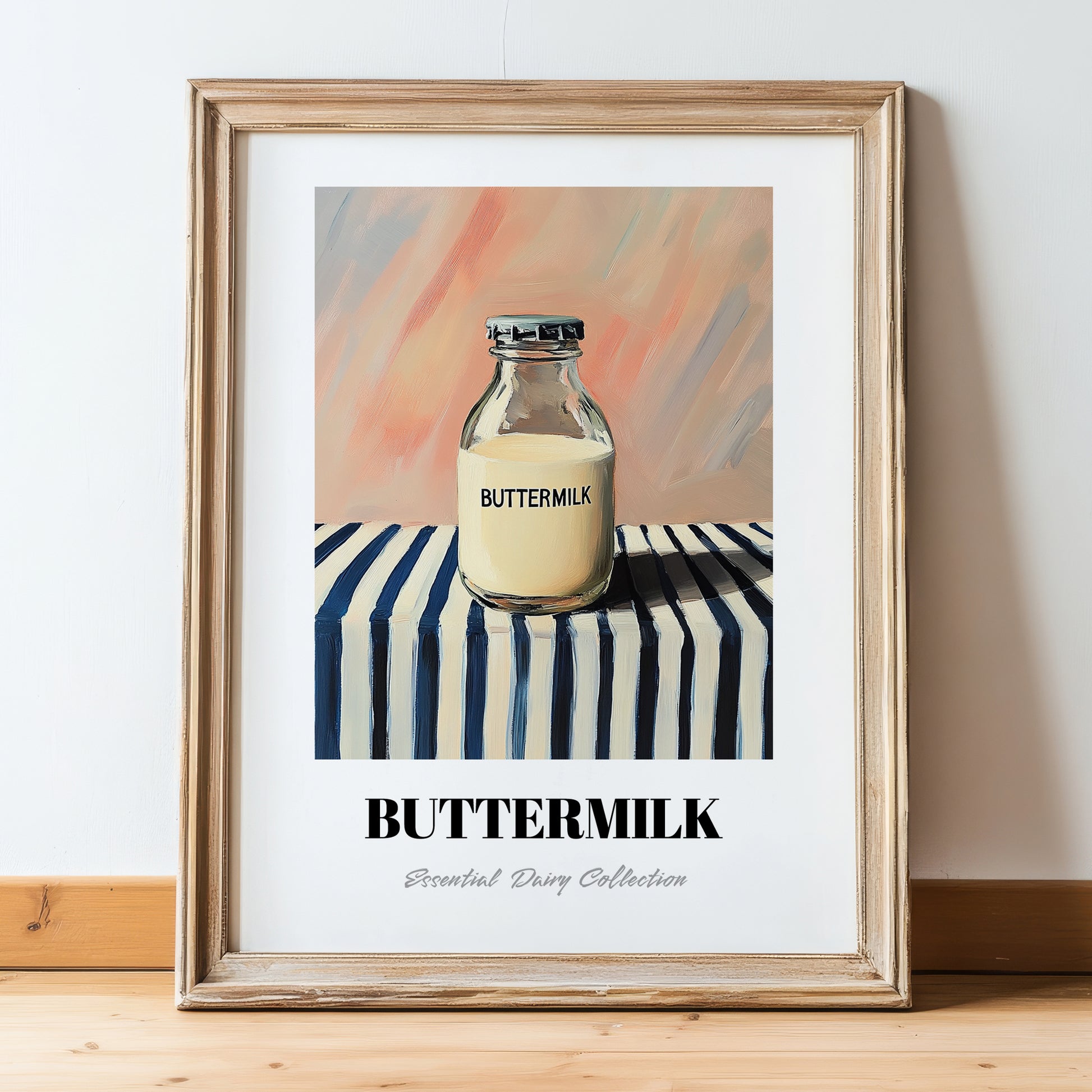 Buttermilk – on Striped Tablecloth, Dairy Wall Decor, in wooden frame leaning on the floor