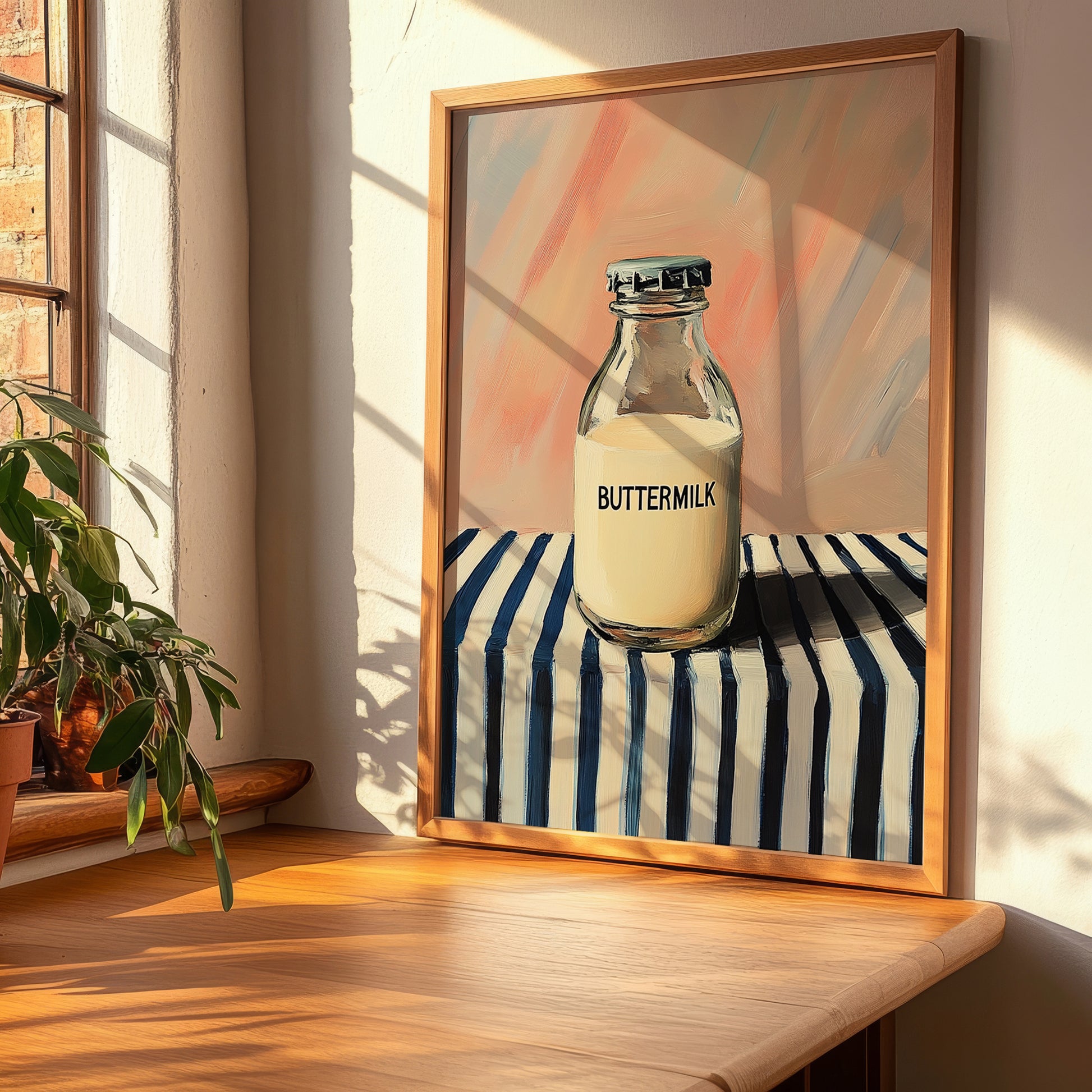 Buttermilk – on Striped Tablecloth, Dairy Wall Decor, clean layout with no caption