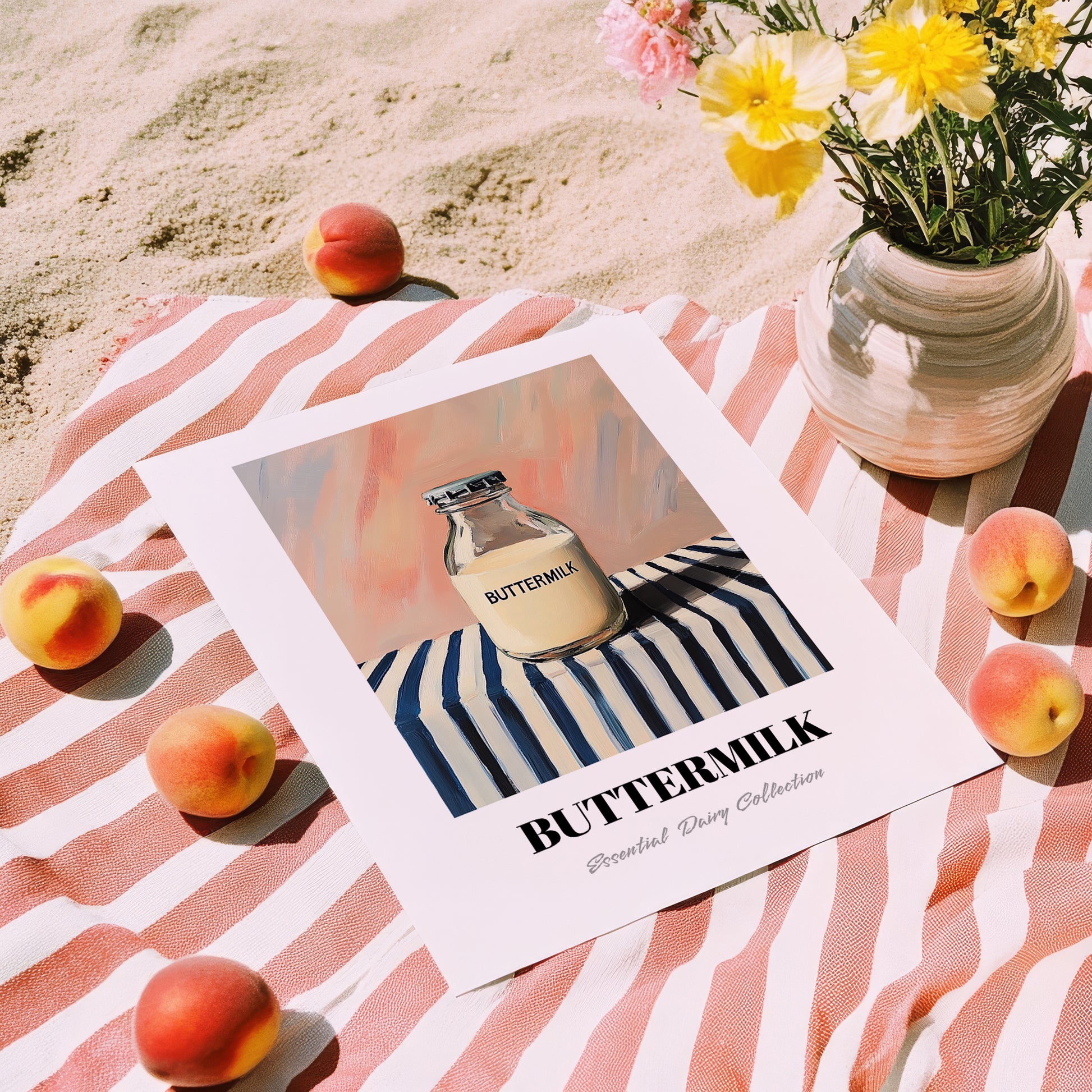 Buttermilk – on Striped Tablecloth, Dairy Wall Decor, unframed on coastal sand