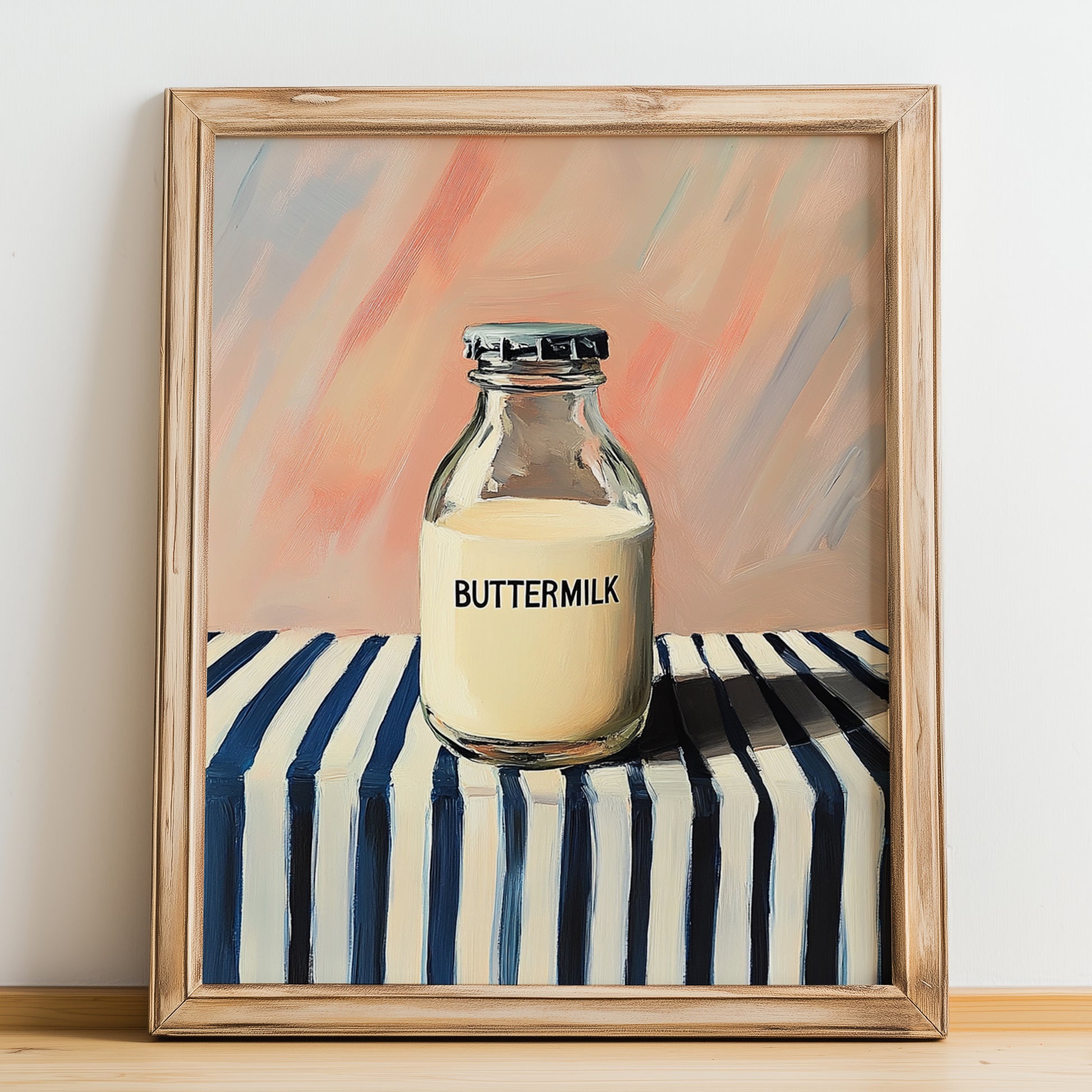 Buttermilk – on Striped Tablecloth, Dairy Wall Decor, no-text version framed in wood
