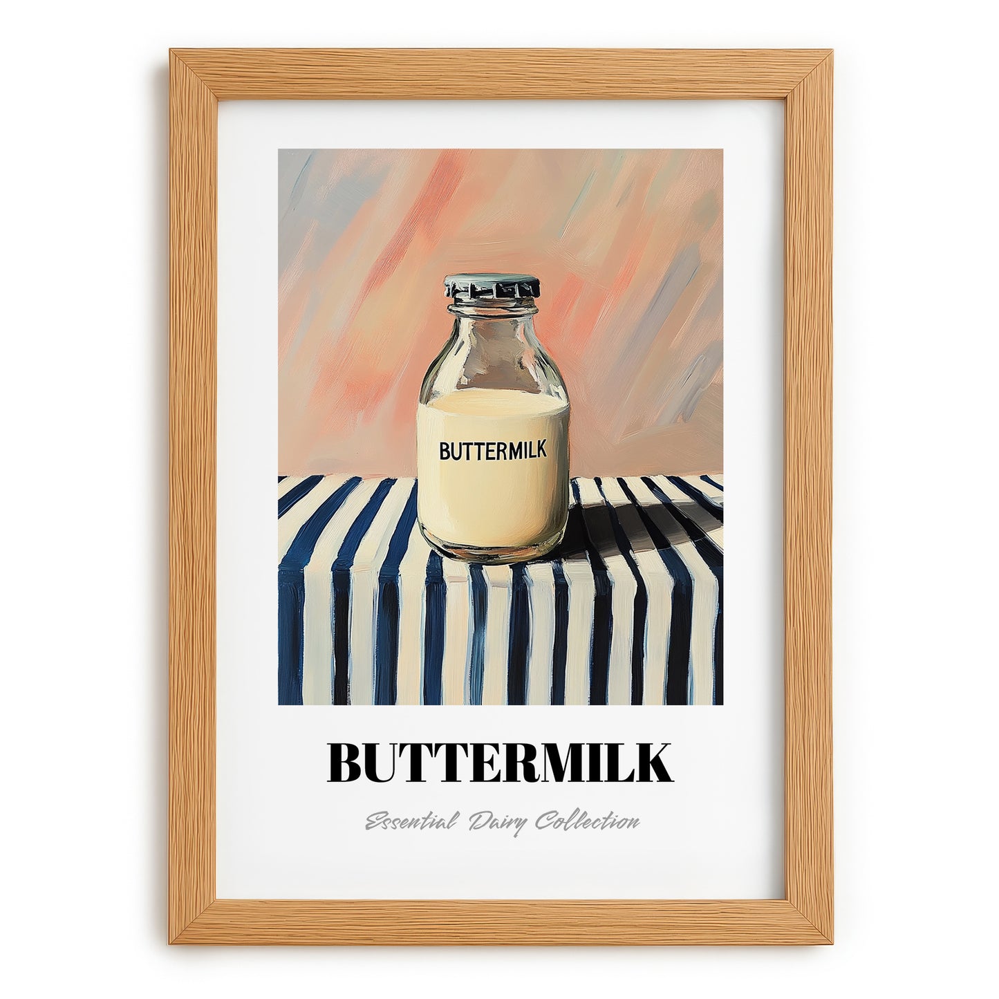Buttermilk – on Striped Tablecloth, Dairy Wall Decor, set in oak frame