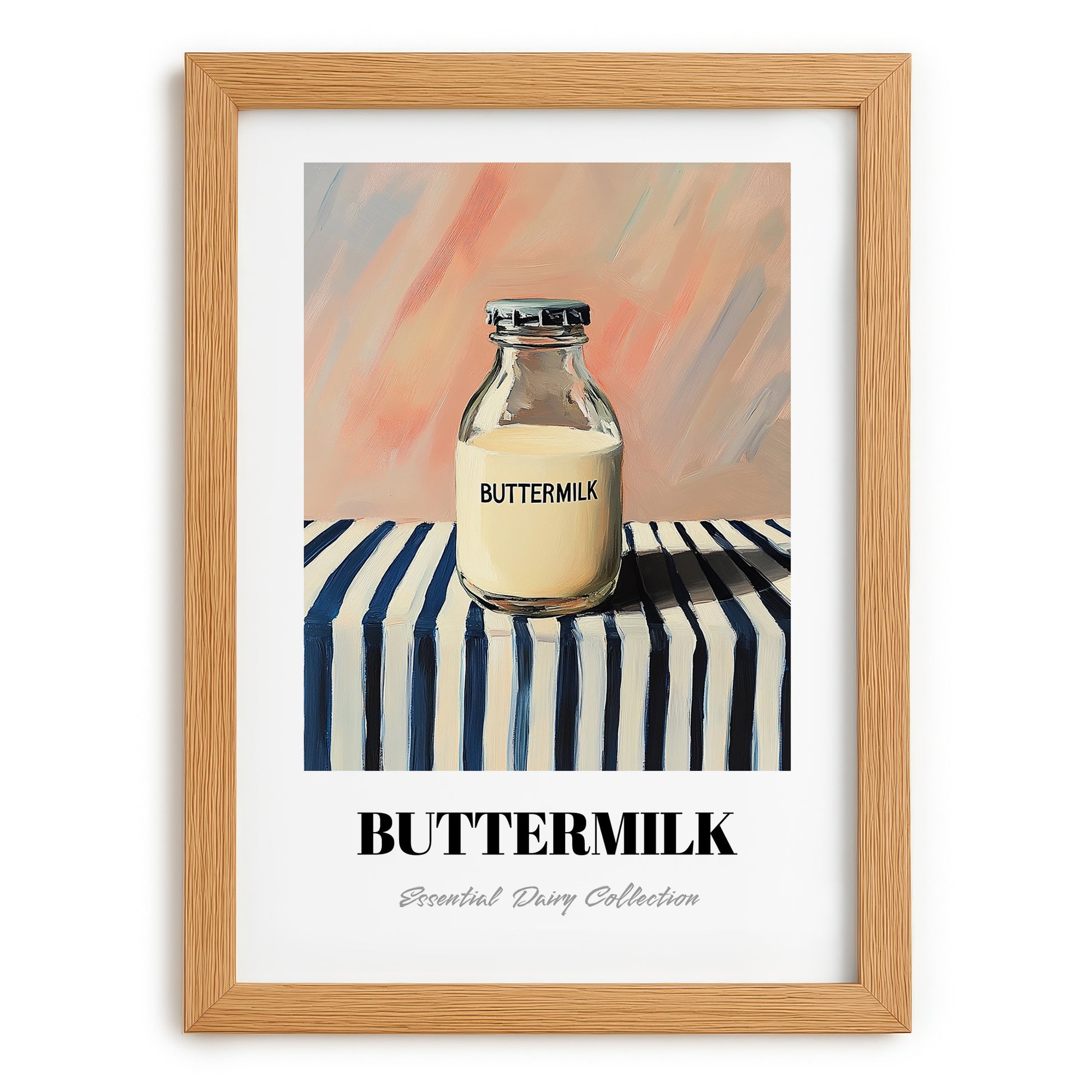 Buttermilk – on Striped Tablecloth, Dairy Wall Decor, set in oak frame