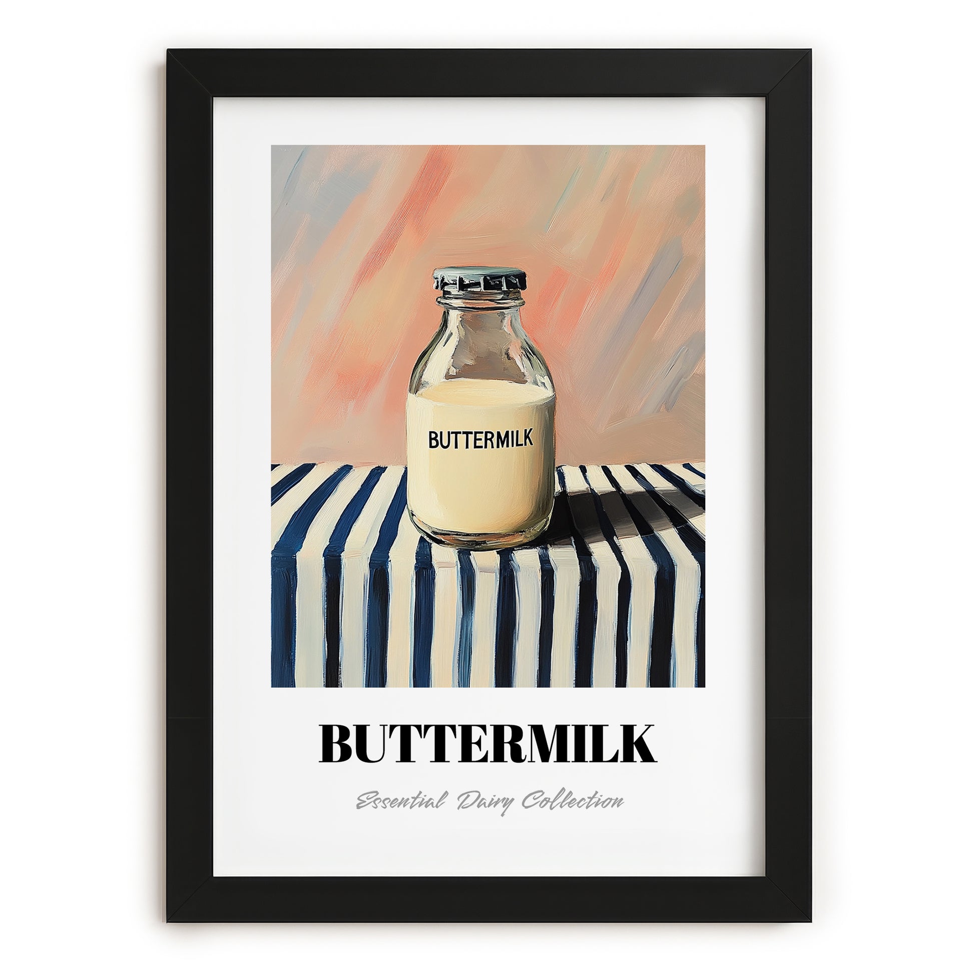 Buttermilk – on Striped Tablecloth, Dairy Wall Decor, in sleek black frame