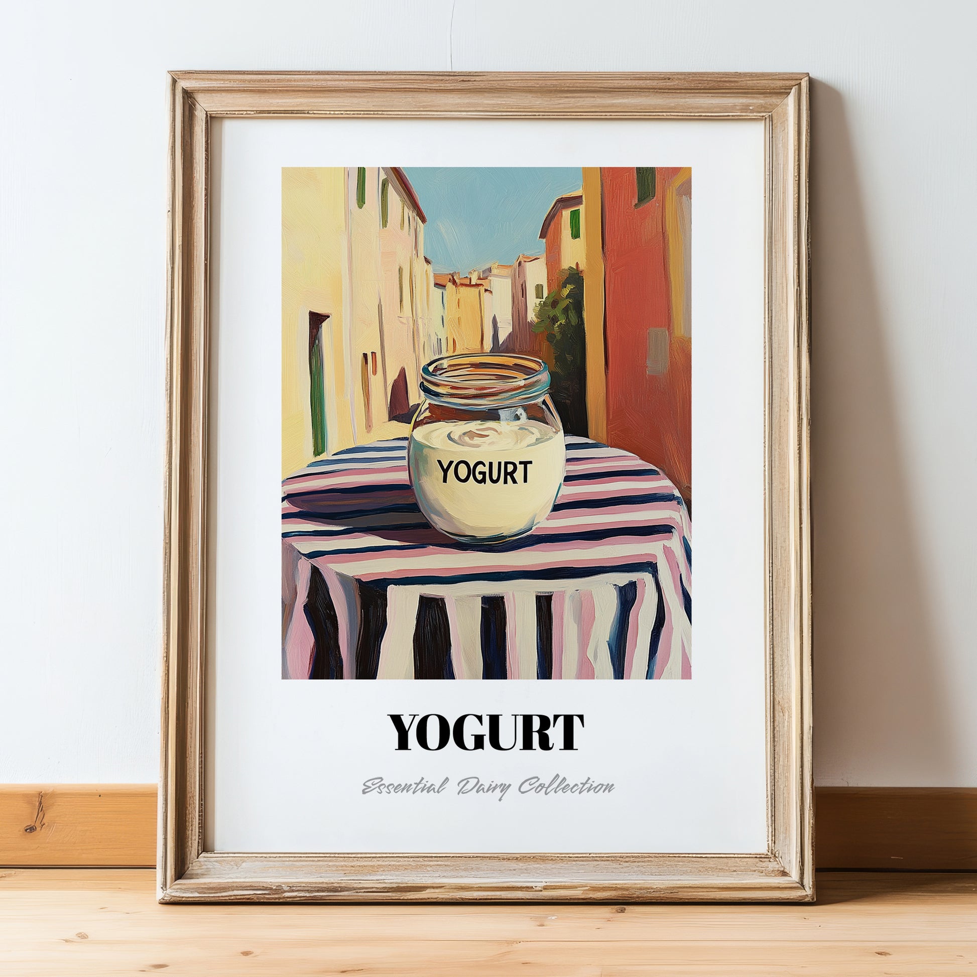 Yogurt – Italian Urban Café Scene, Dairy Still Life, in wooden frame leaning on the floor