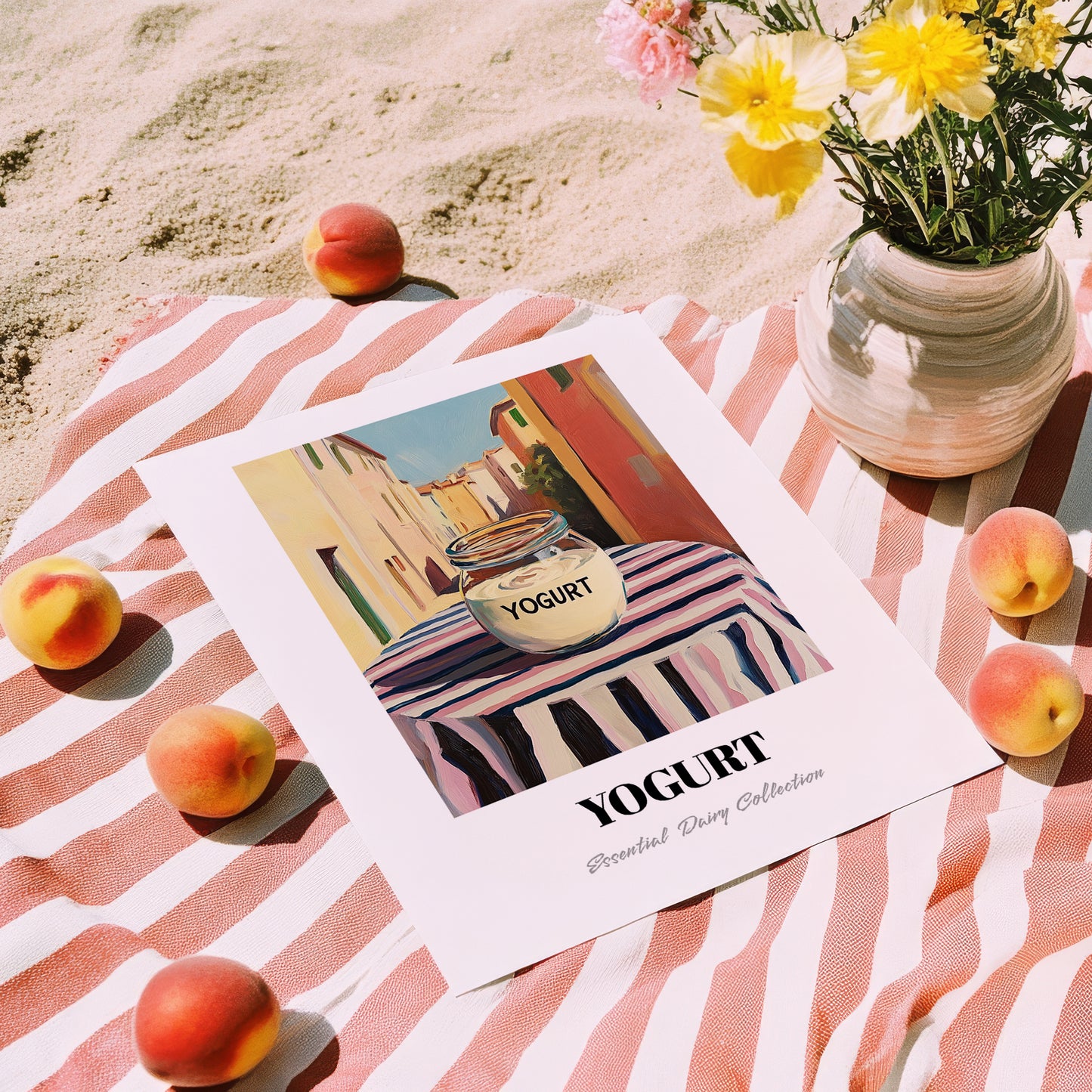 Yogurt – Italian Urban Café Scene, Dairy Still Life, unframed on coastal sand