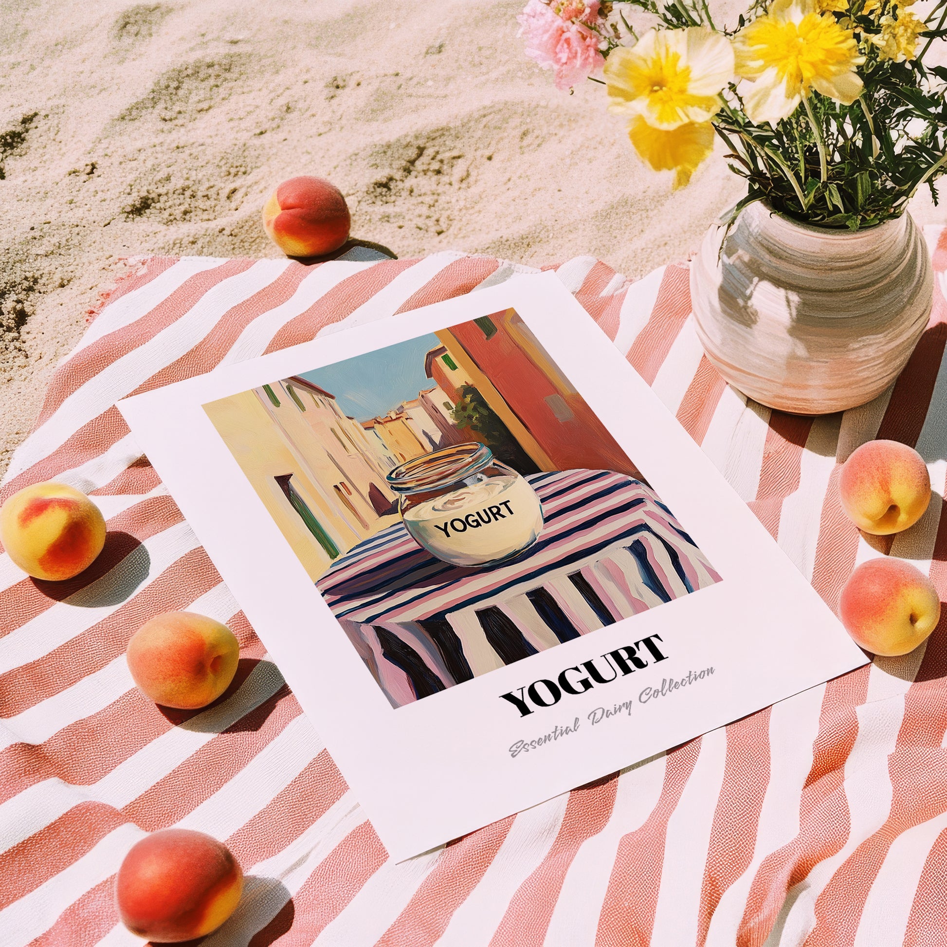 Yogurt – Italian Urban Café Scene, Dairy Still Life, unframed on coastal sand