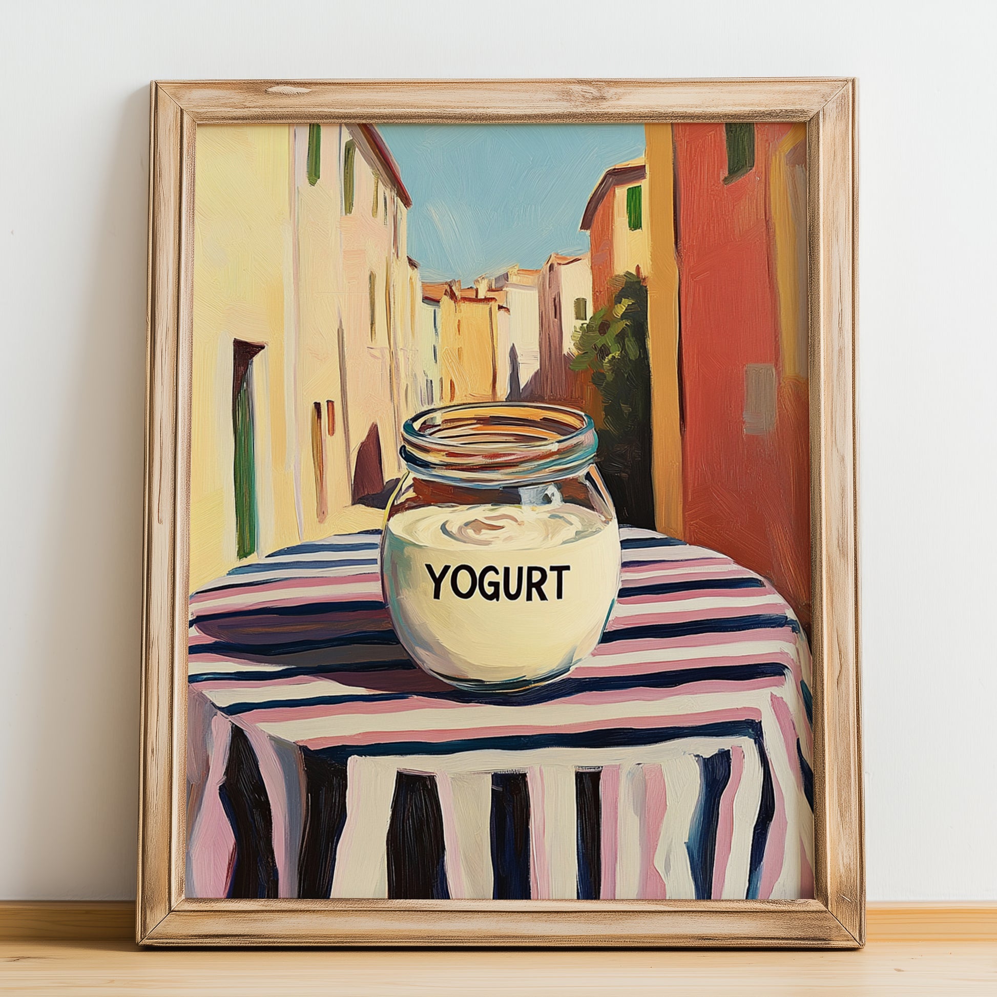 Yogurt – Italian Urban Café Scene, Dairy Still Life, no-text version framed in wood