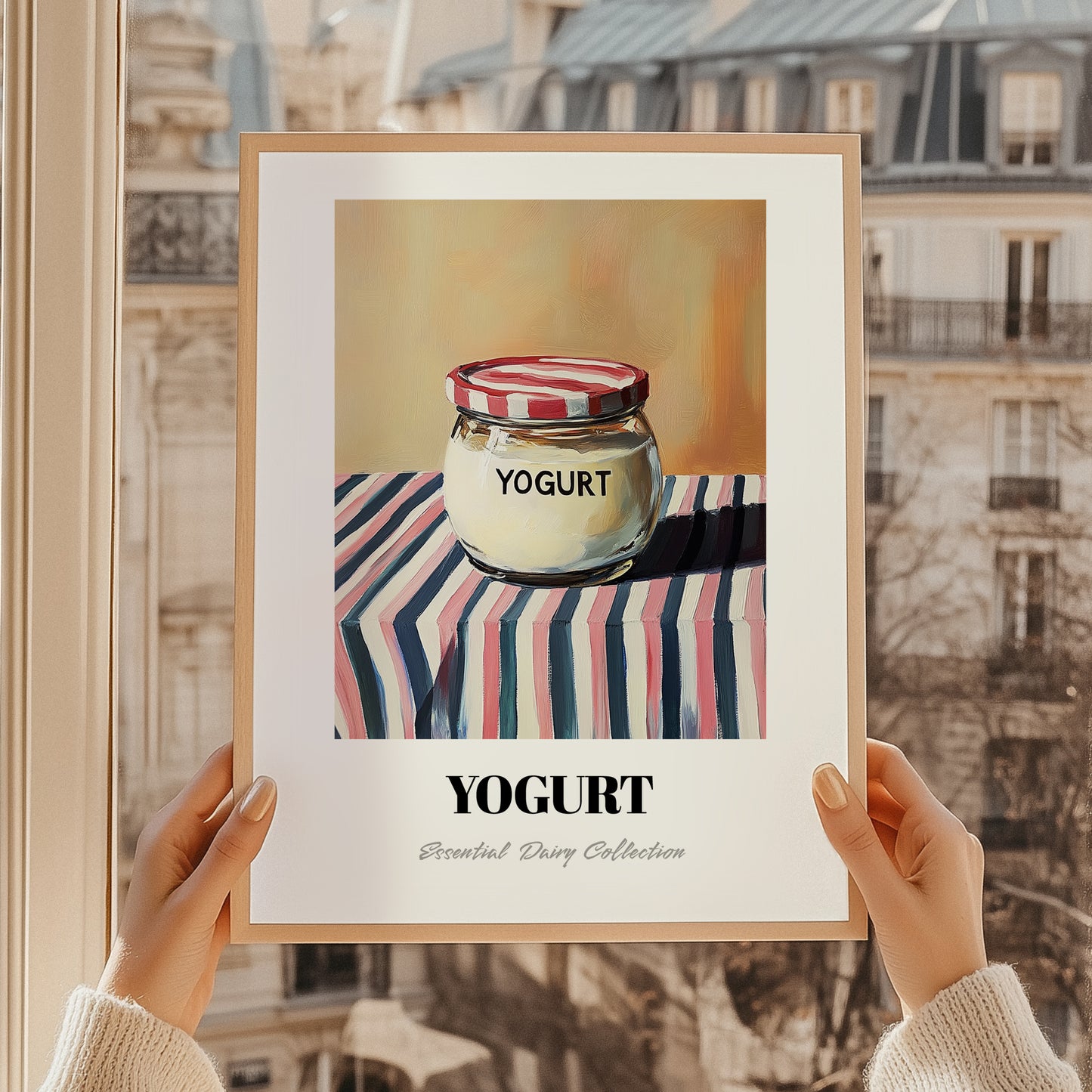 Yogurt – on Striped Tablecloth, Dairy Illustration, styled in a charming Paris street view