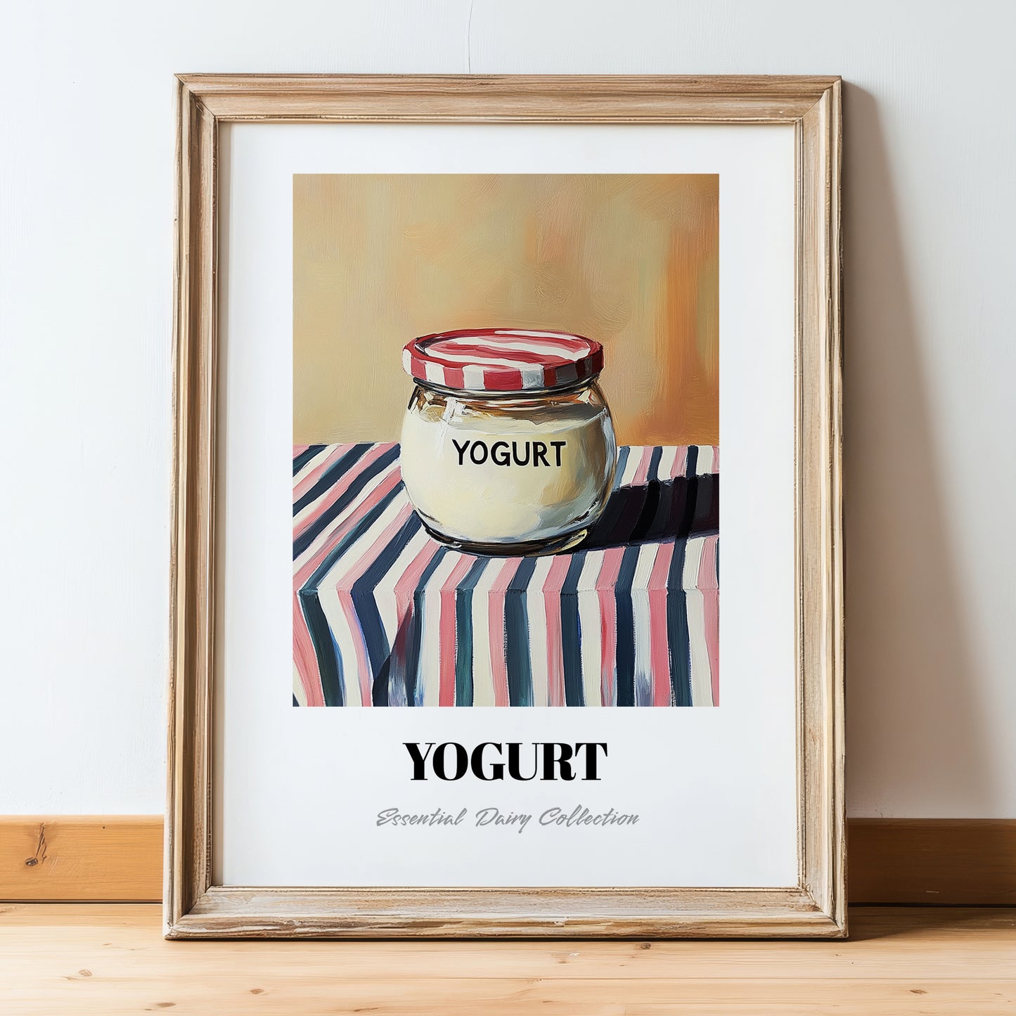 Yogurt – on Striped Tablecloth, Dairy Illustration, in wooden frame leaning on the floor