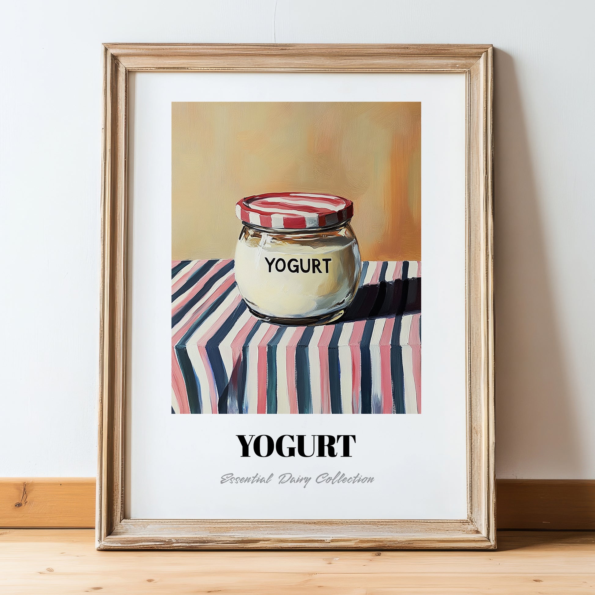 Yogurt – on Striped Tablecloth, Dairy Illustration, in wooden frame leaning on the floor