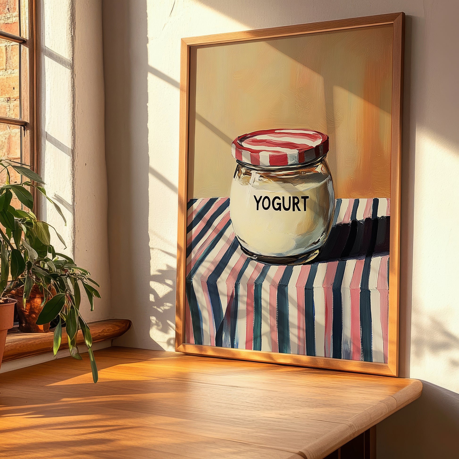 Yogurt – on Striped Tablecloth, Dairy Illustration, clean layout with no caption