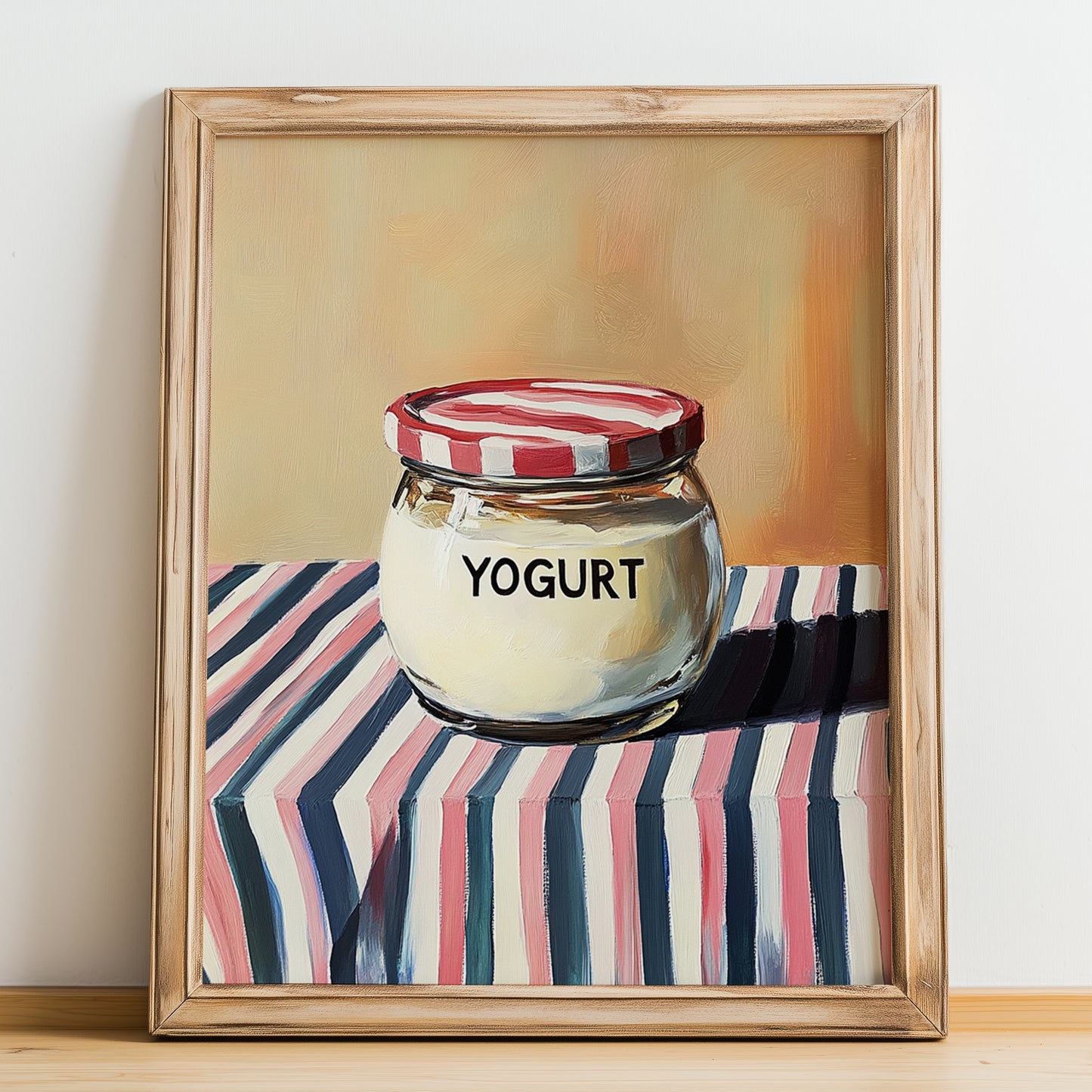 Yogurt – on Striped Tablecloth, Dairy Illustration, no-text version framed in wood