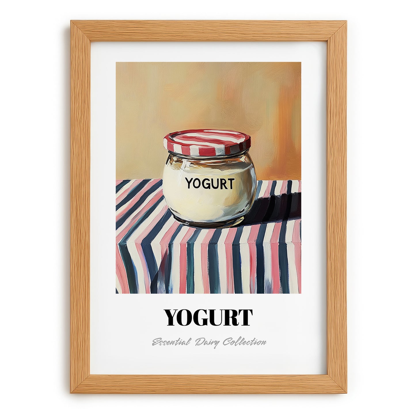 Yogurt – on Striped Tablecloth, Dairy Illustration, set in oak frame