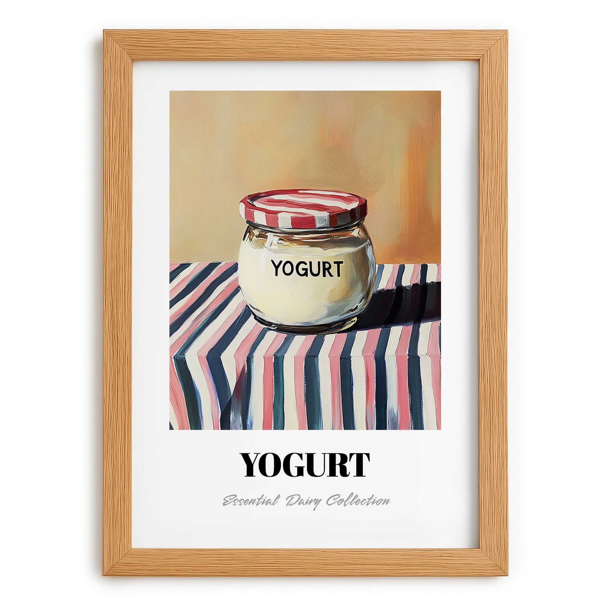 Yogurt – on Striped Tablecloth, Dairy Illustration, set in oak frame