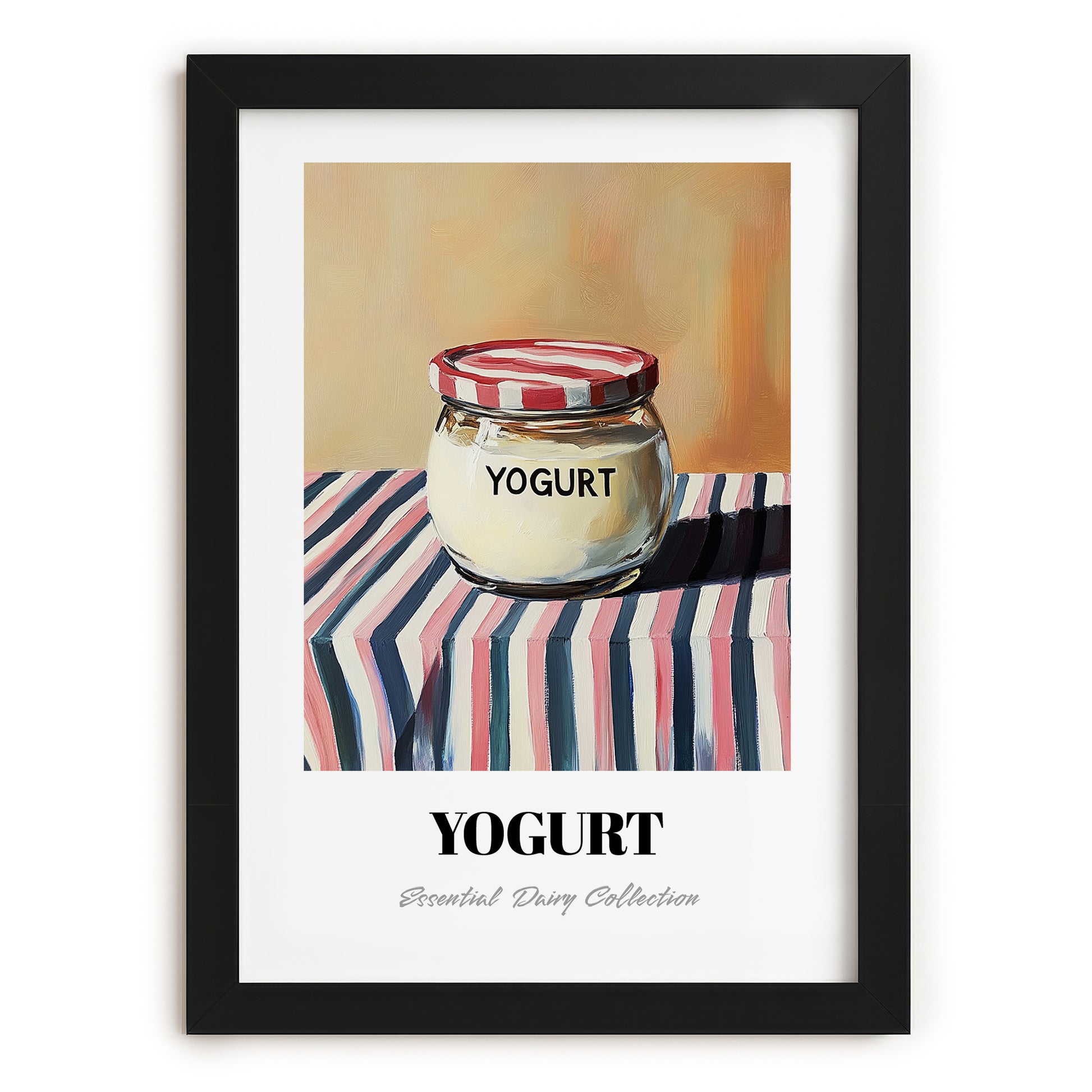 Yogurt – on Striped Tablecloth, Dairy Illustration, in sleek black frame