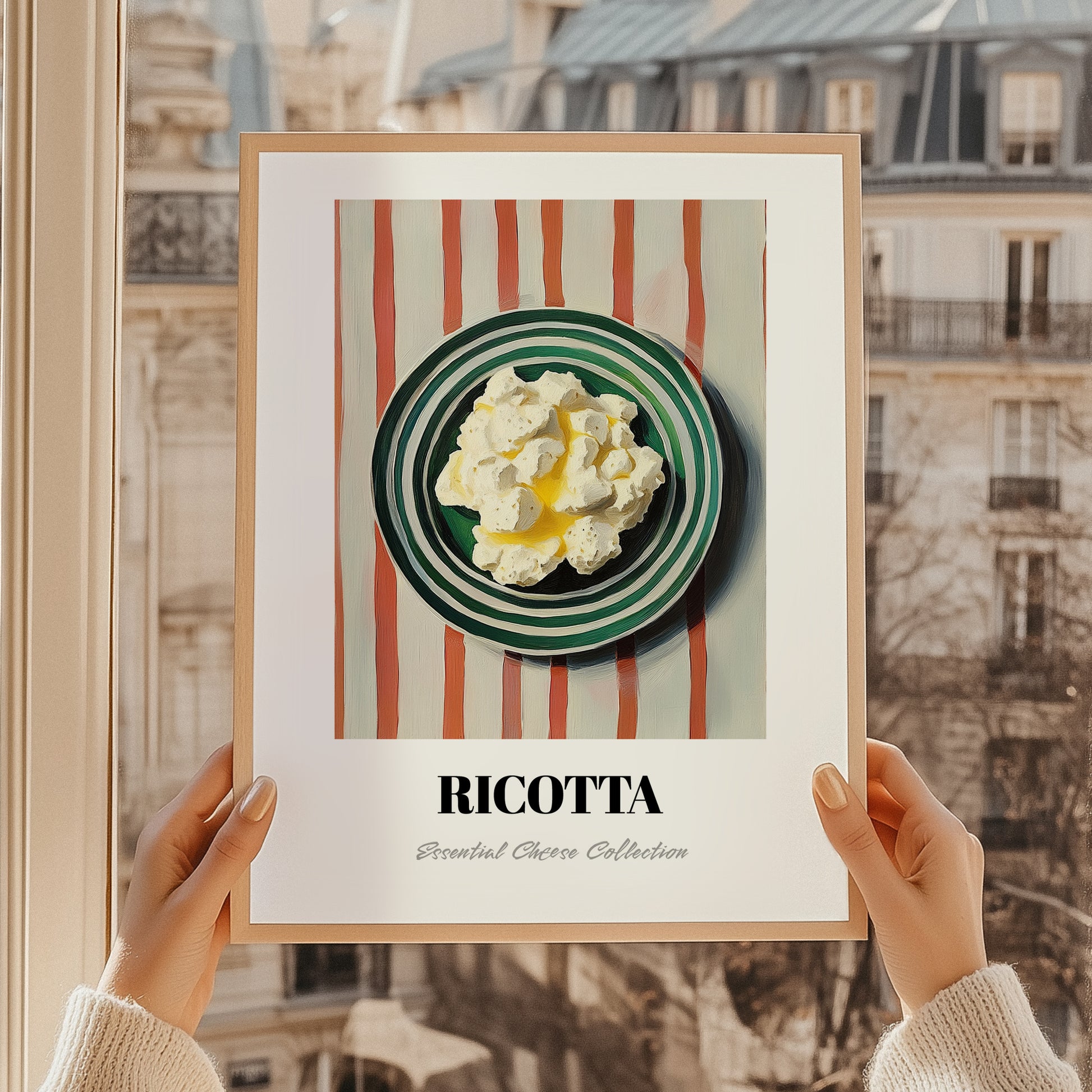 Ricotta – on Striped Tablecloth, Cheese Wall Decor, styled in a charming Paris street view