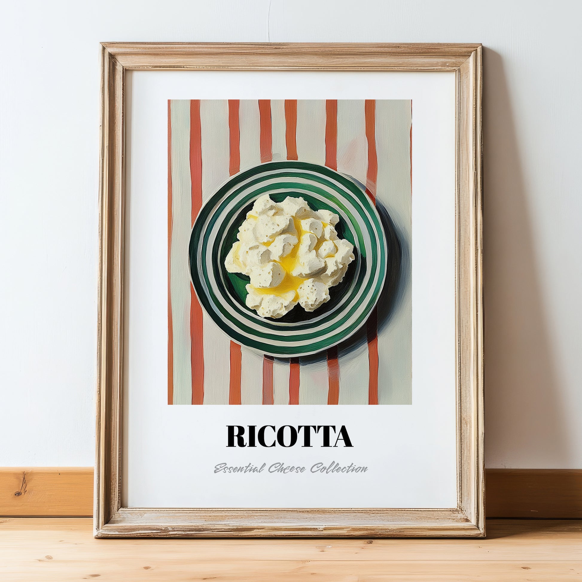 Ricotta – on Striped Tablecloth, Cheese Wall Decor, in wooden frame leaning on the floor