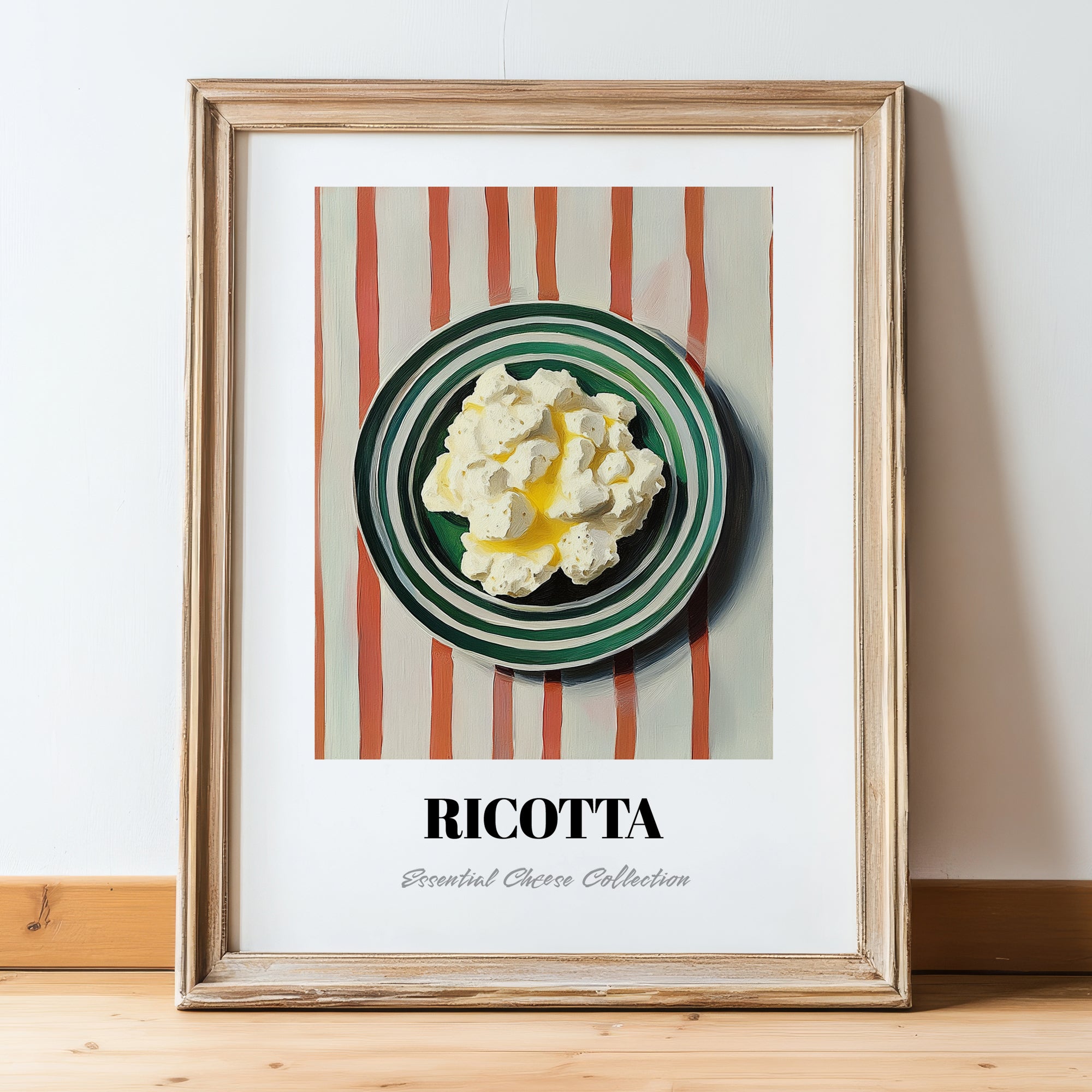 Ricotta – on Striped Tablecloth, Cheese Wall Decor, in wooden frame leaning on the floor