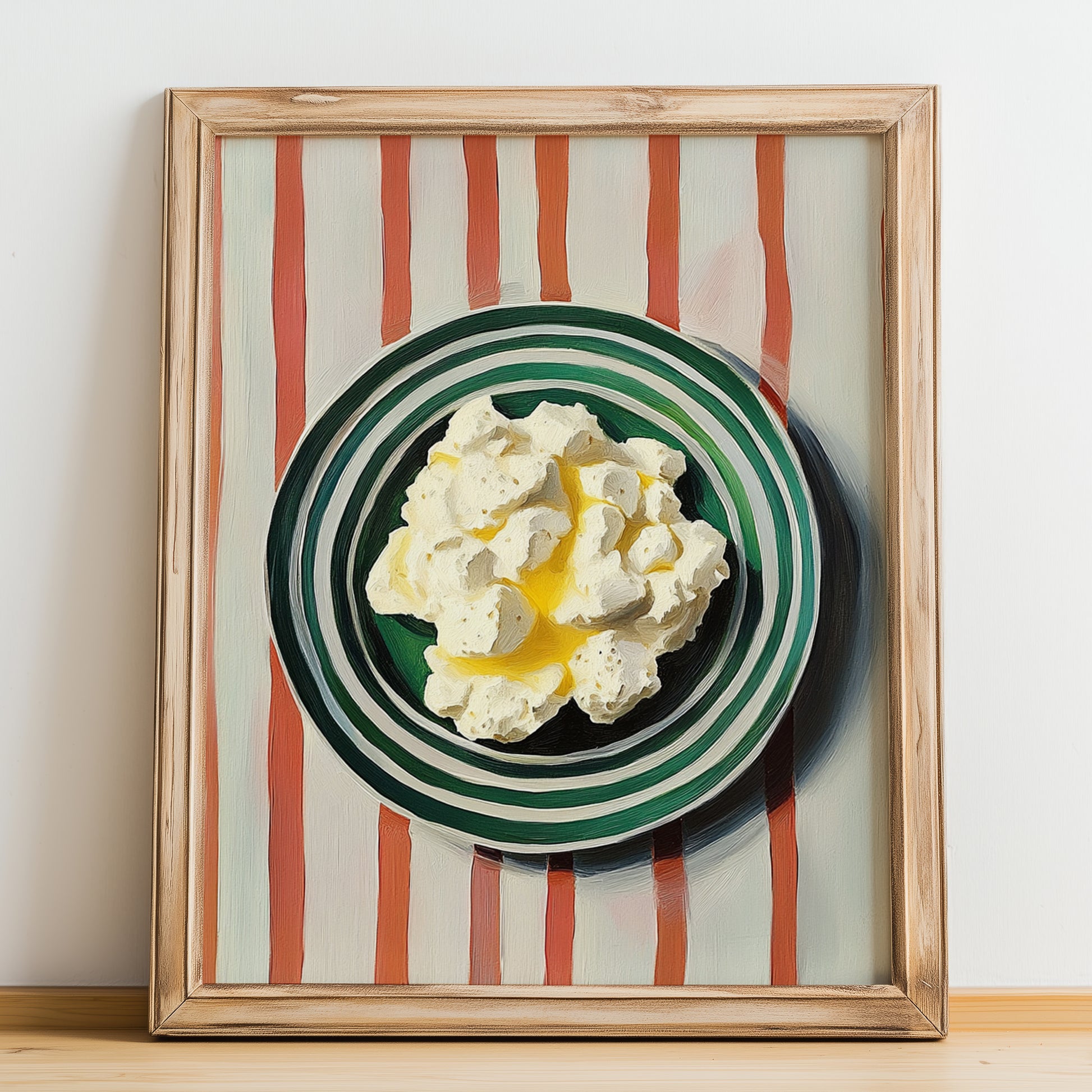 Ricotta – on Striped Tablecloth, Cheese Wall Decor, no-text version framed in wood