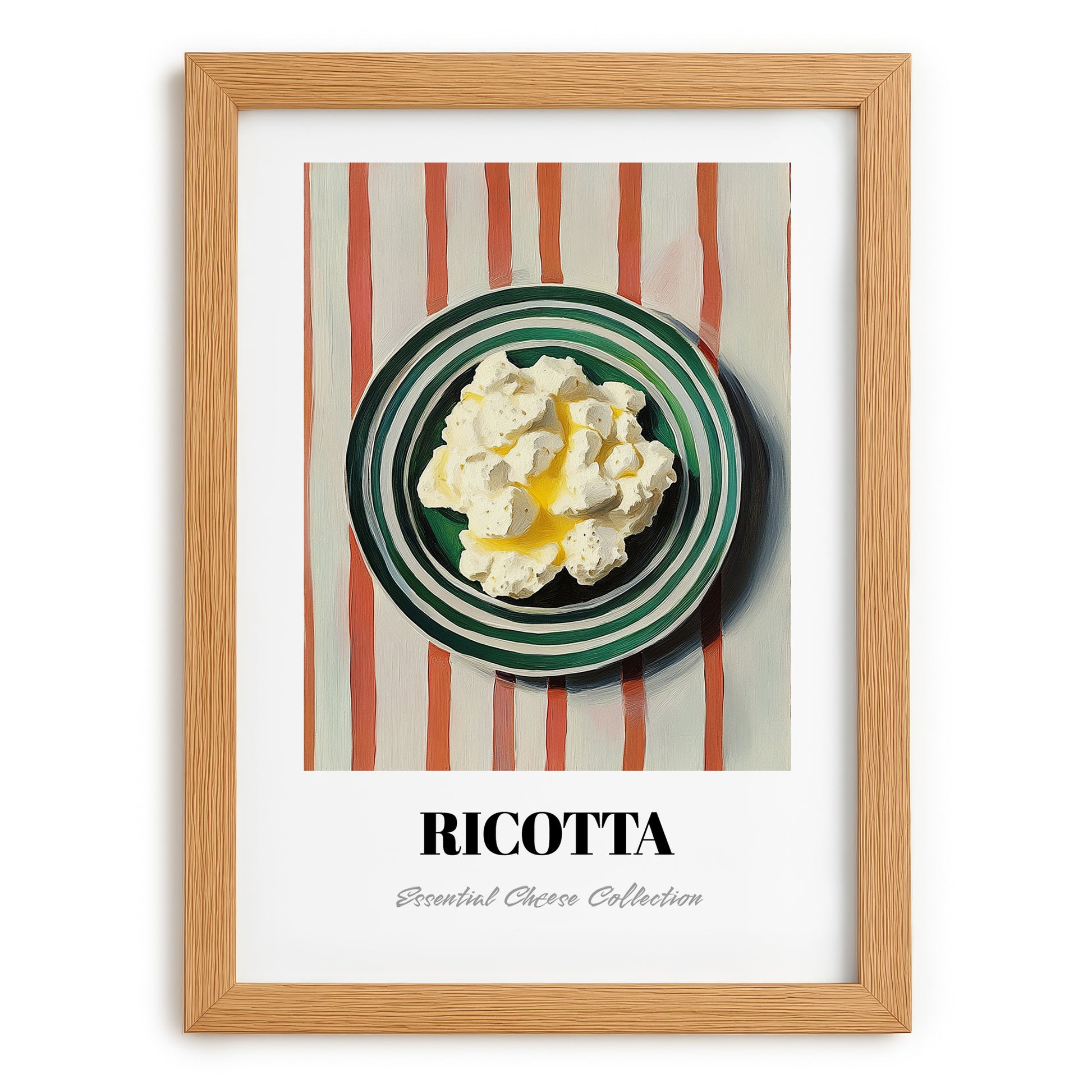 Ricotta – on Striped Tablecloth, Cheese Wall Decor, set in oak frame