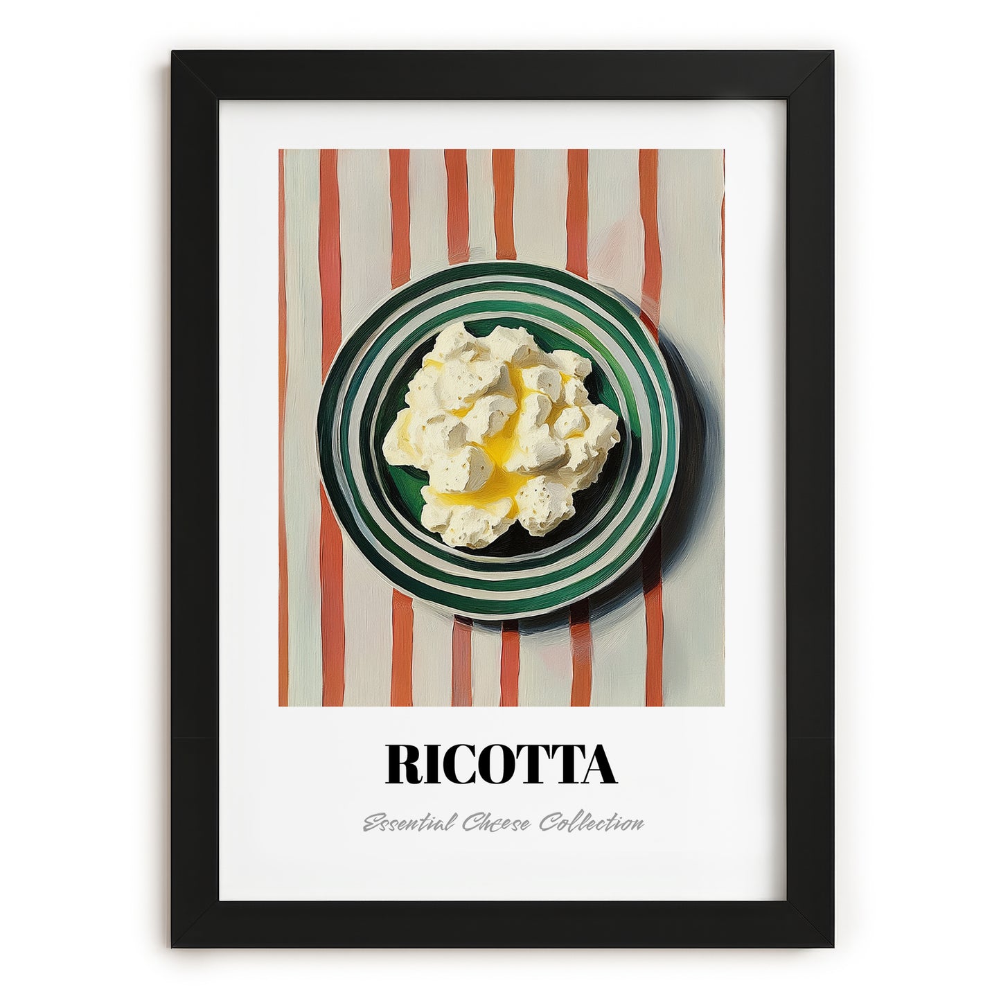 Ricotta – on Striped Tablecloth, Cheese Wall Decor, in sleek black frame