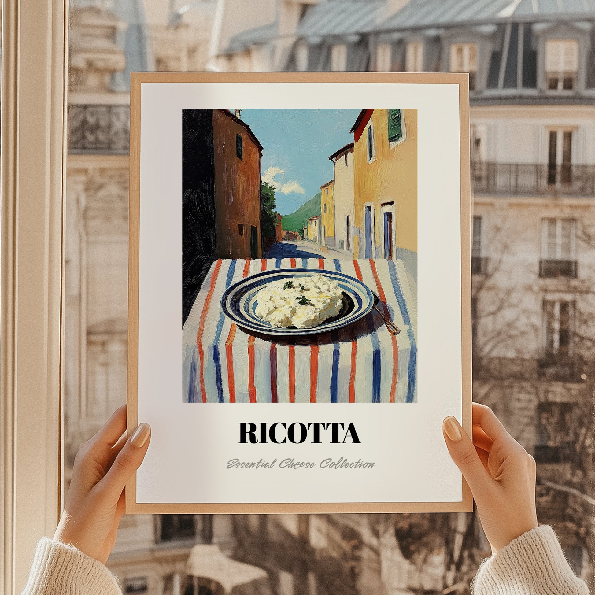Ricotta – Italian Urban Café Scene, Cheese Illustration, styled in a charming Paris street view