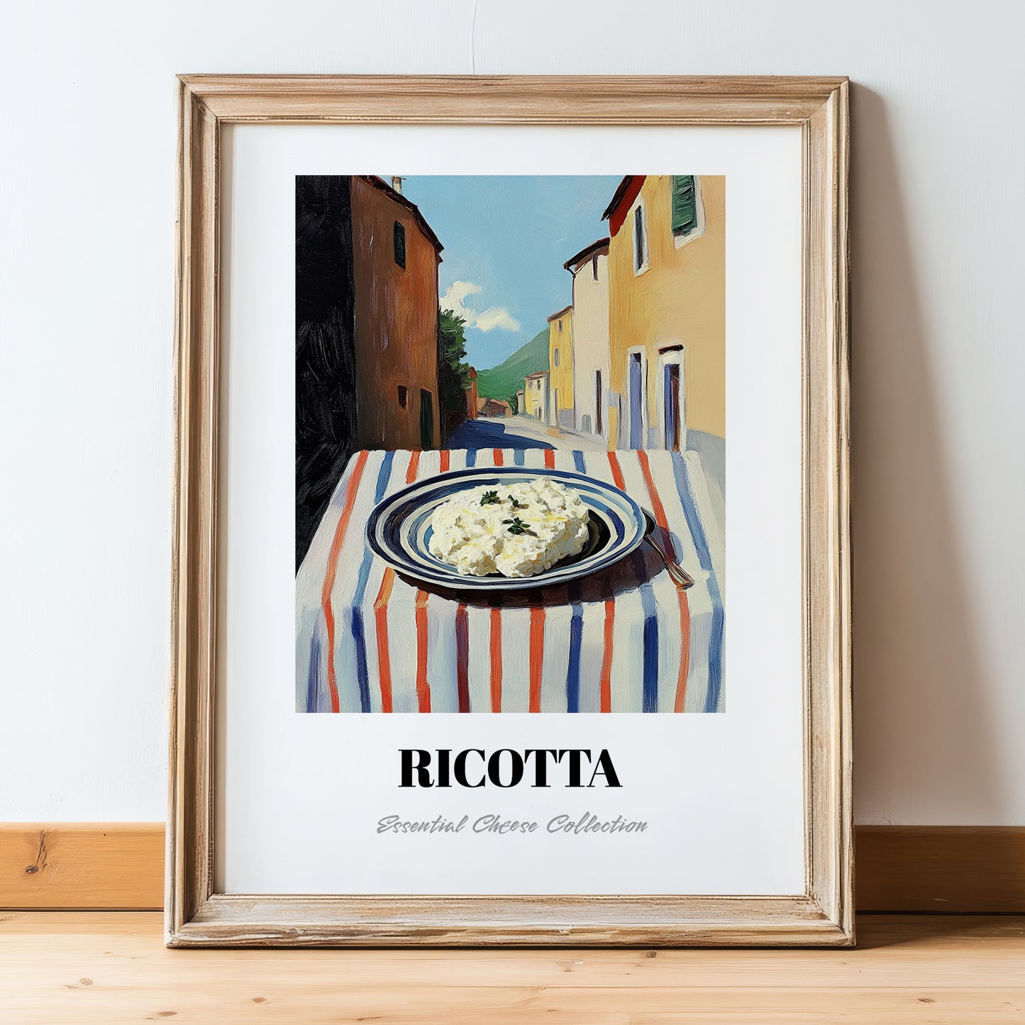 Ricotta – Italian Urban Café Scene, Cheese Illustration, in wooden frame leaning on the floor