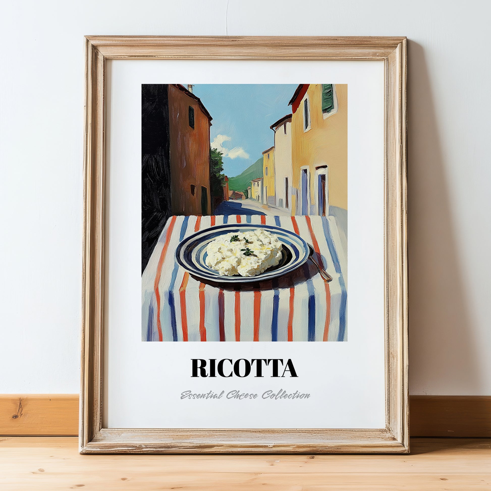Ricotta – Italian Urban Café Scene, Cheese Illustration, in wooden frame leaning on the floor