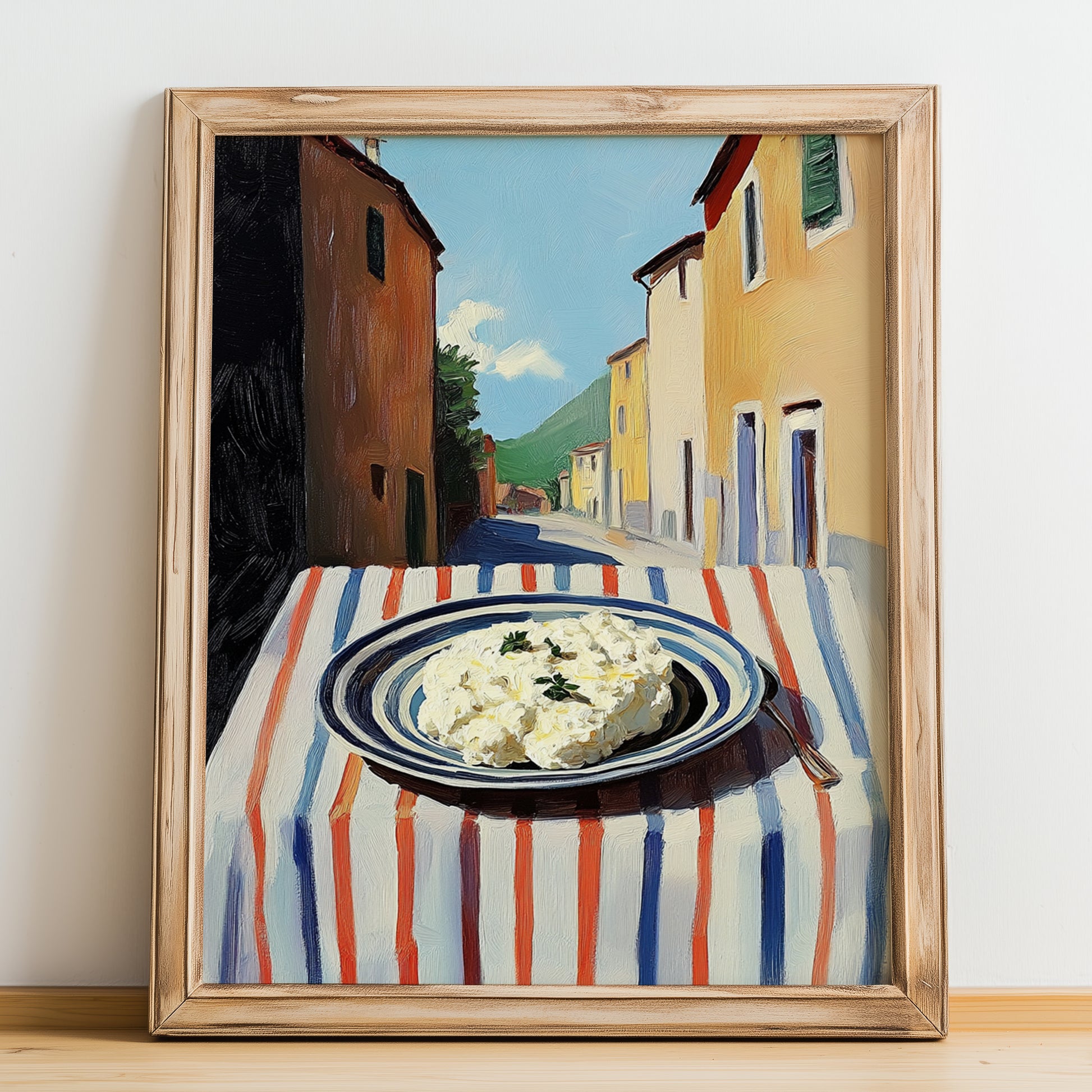Ricotta – Italian Urban Café Scene, Cheese Illustration, no-text version framed in wood
