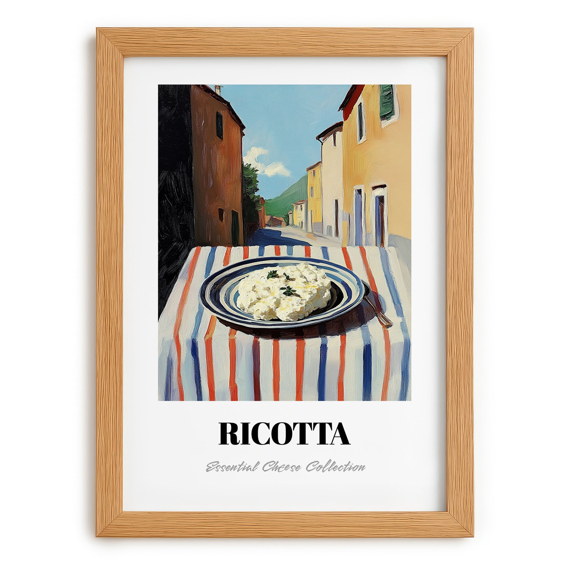 Ricotta – Italian Urban Café Scene, Cheese Illustration, set in oak frame