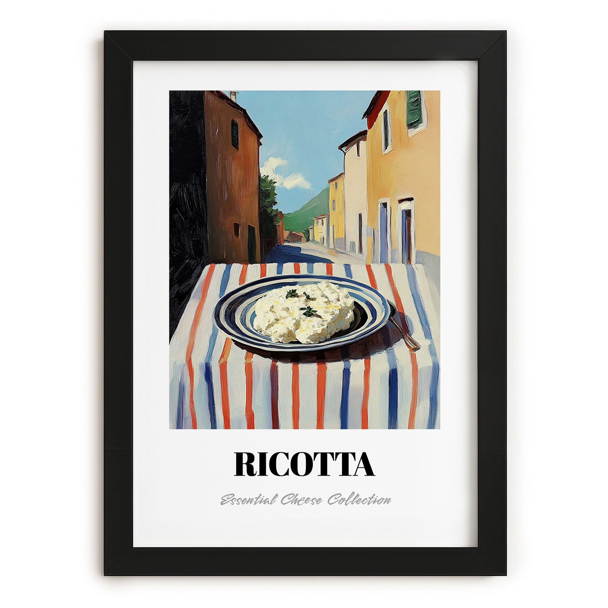 Ricotta – Italian Urban Café Scene, Cheese Illustration, in sleek black frame
