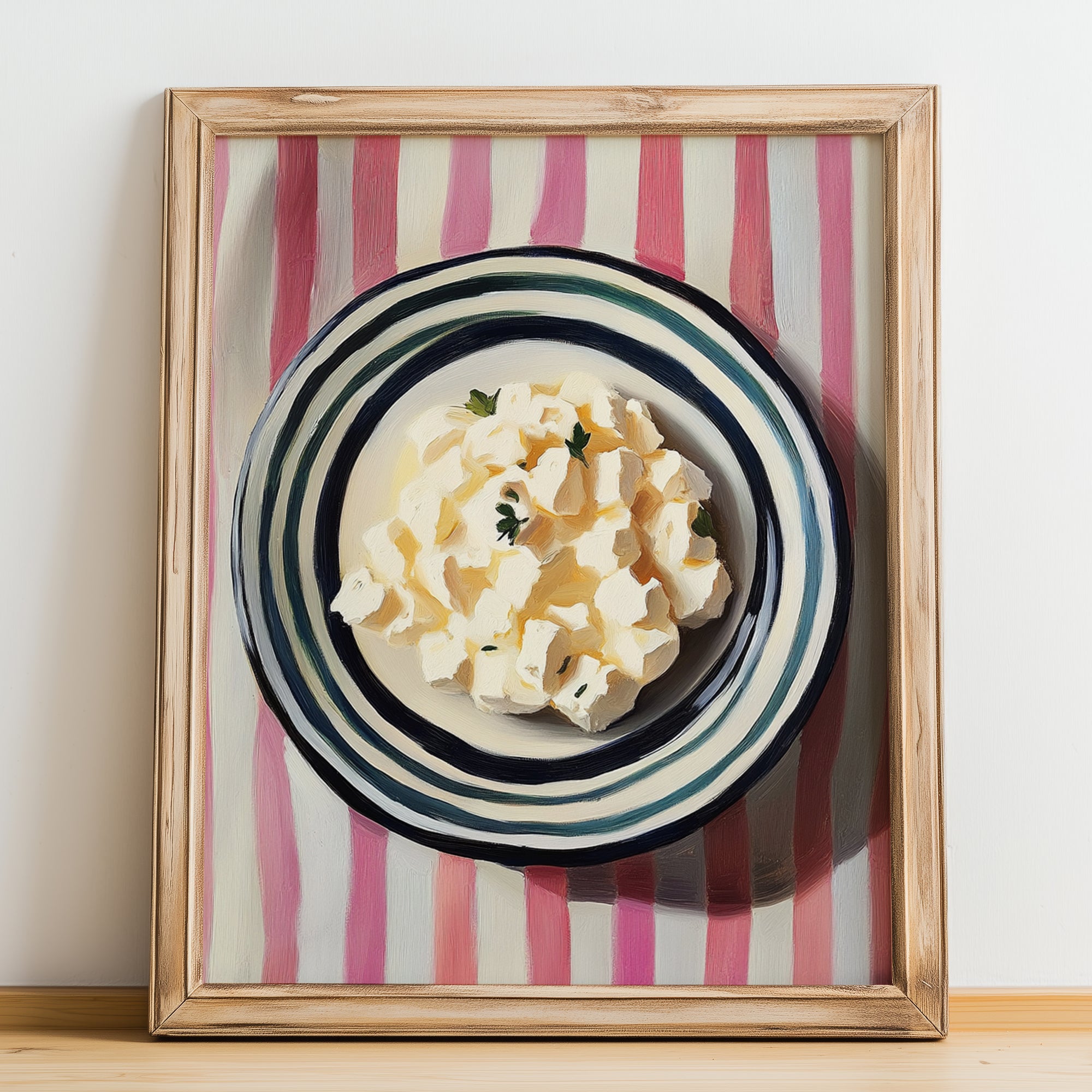 Cottage – on Striped Tablecloth, Cheese Wall Decor, no-text version framed in wood