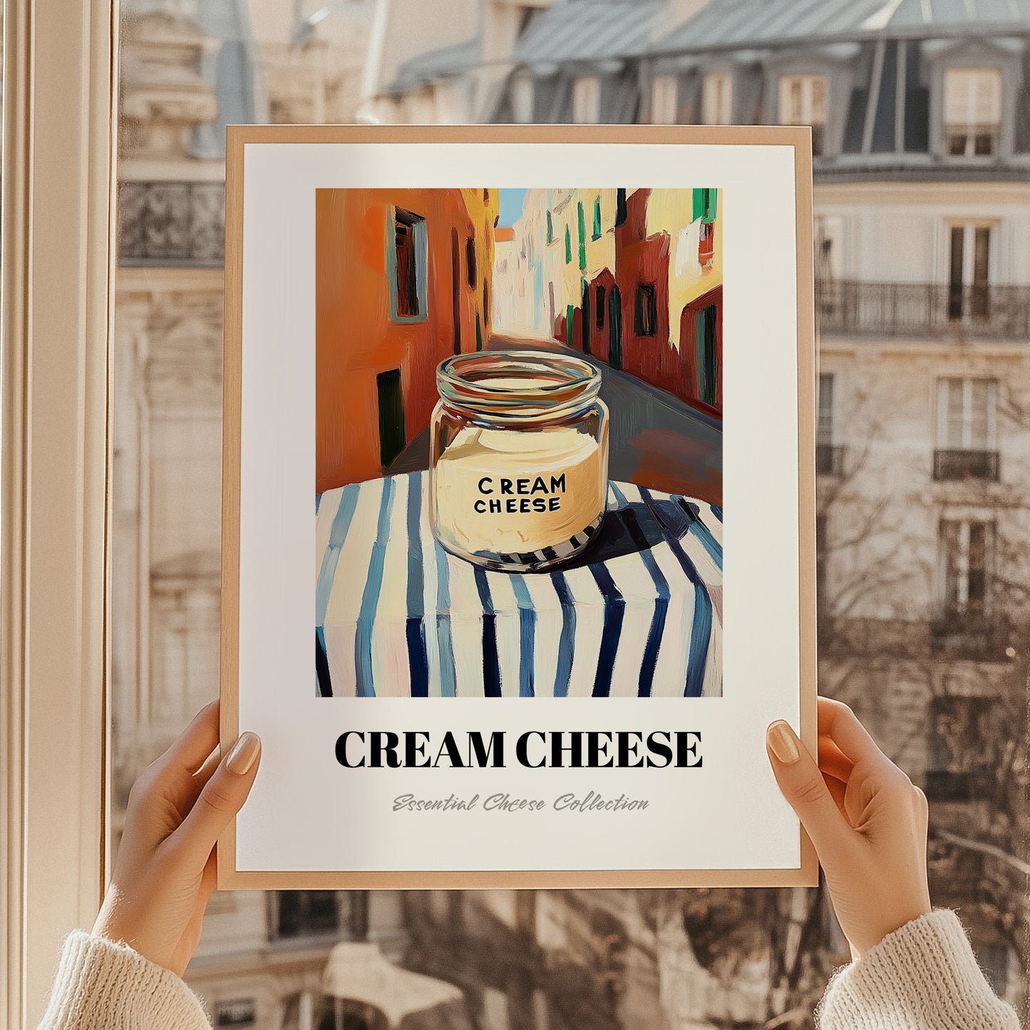 Cream – Italian Outdoor Café Scene, Cheese Wall Art, styled in a charming Paris street view