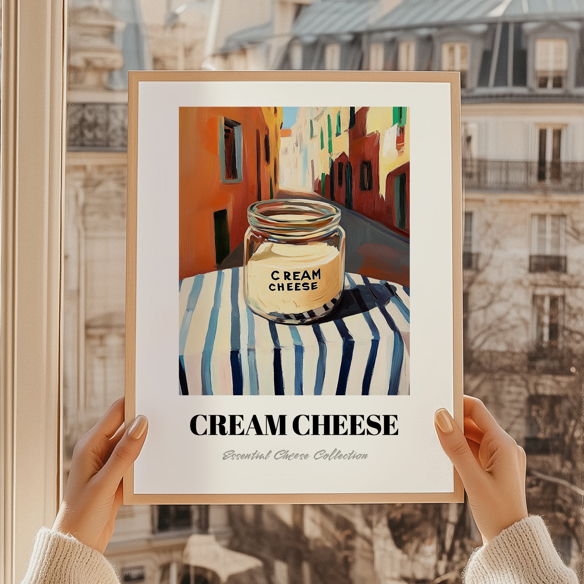 Cream – Italian Outdoor Café Scene, Cheese Wall Art, styled in a charming Paris street view