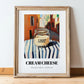 Cream – Italian Outdoor Café Scene, Cheese Wall Art, in wooden frame leaning on the floor