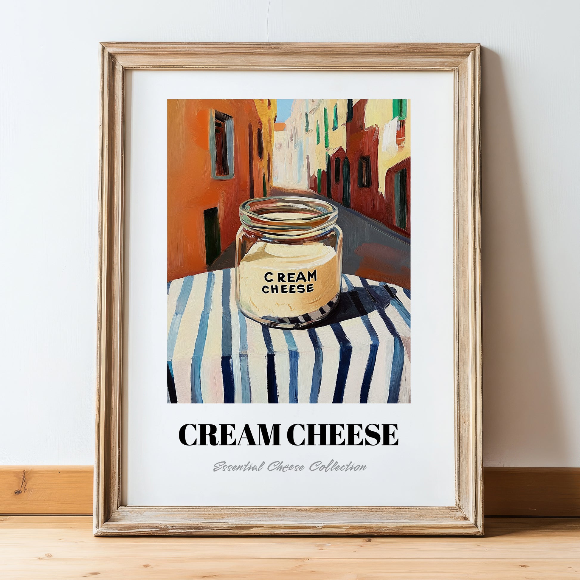 Cream – Italian Outdoor Café Scene, Cheese Wall Art, in wooden frame leaning on the floor