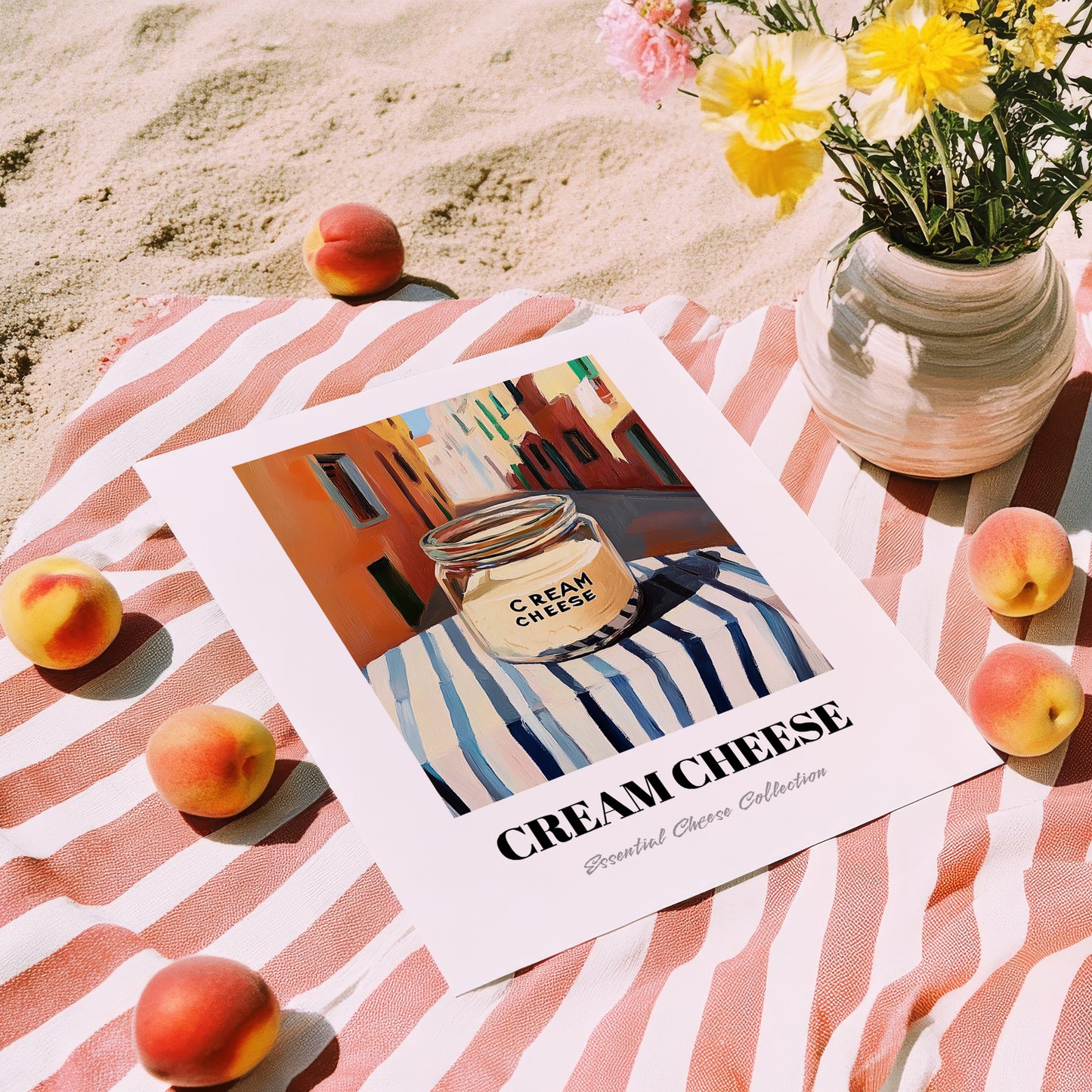 Cream – Italian Outdoor Café Scene, Cheese Wall Art, unframed on coastal sand