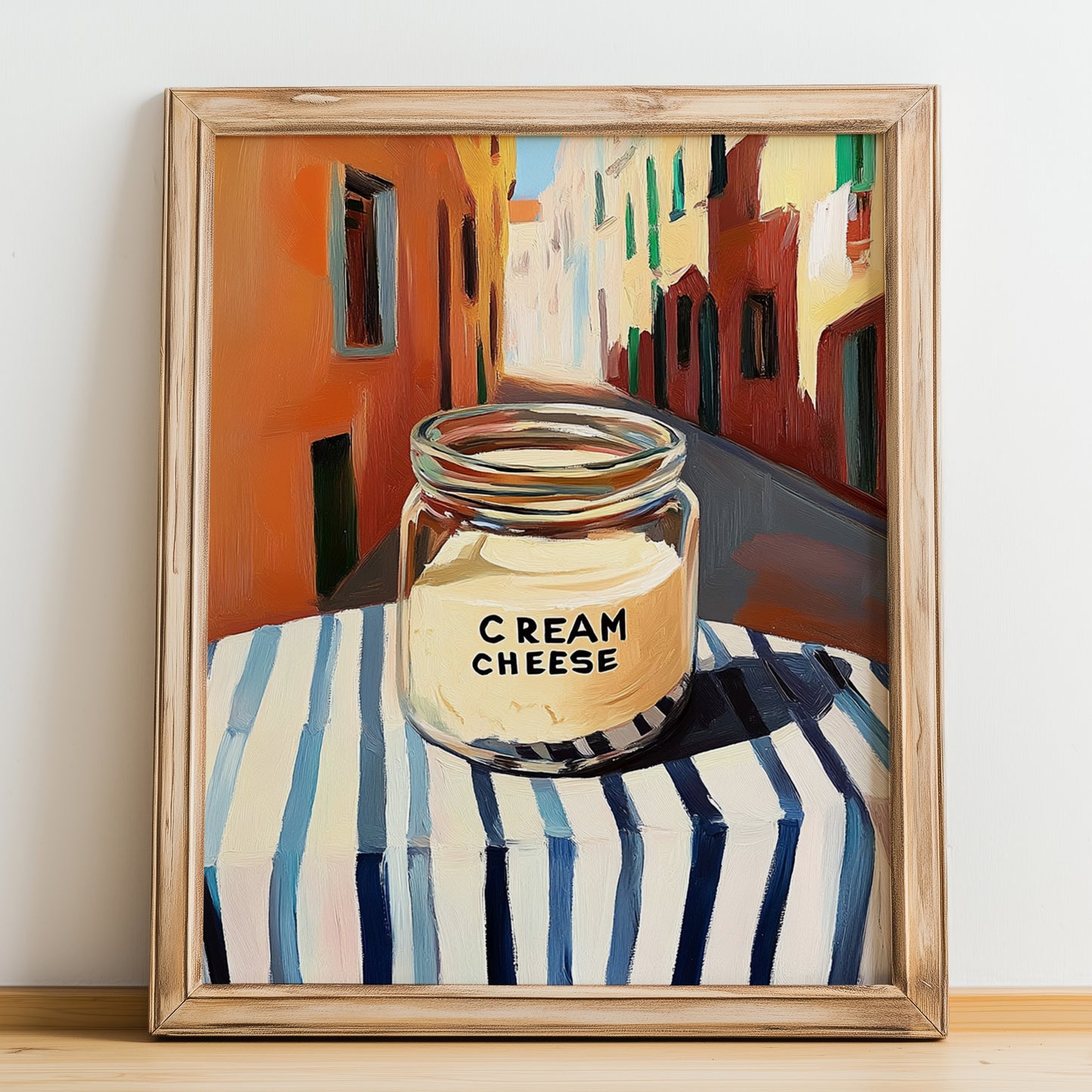 Cream – Italian Outdoor Café Scene, Cheese Wall Art, no-text version framed in wood