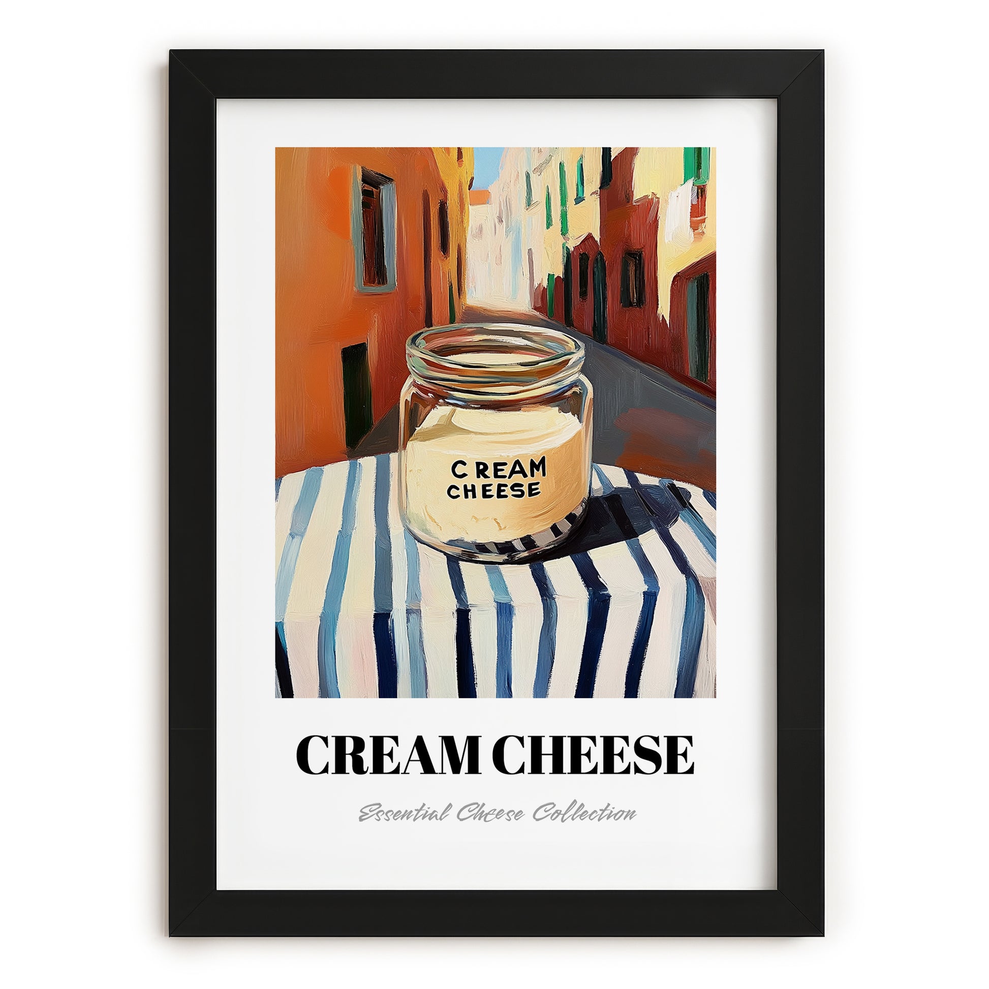 Cream – Italian Outdoor Café Scene, Cheese Wall Art, in sleek black frame