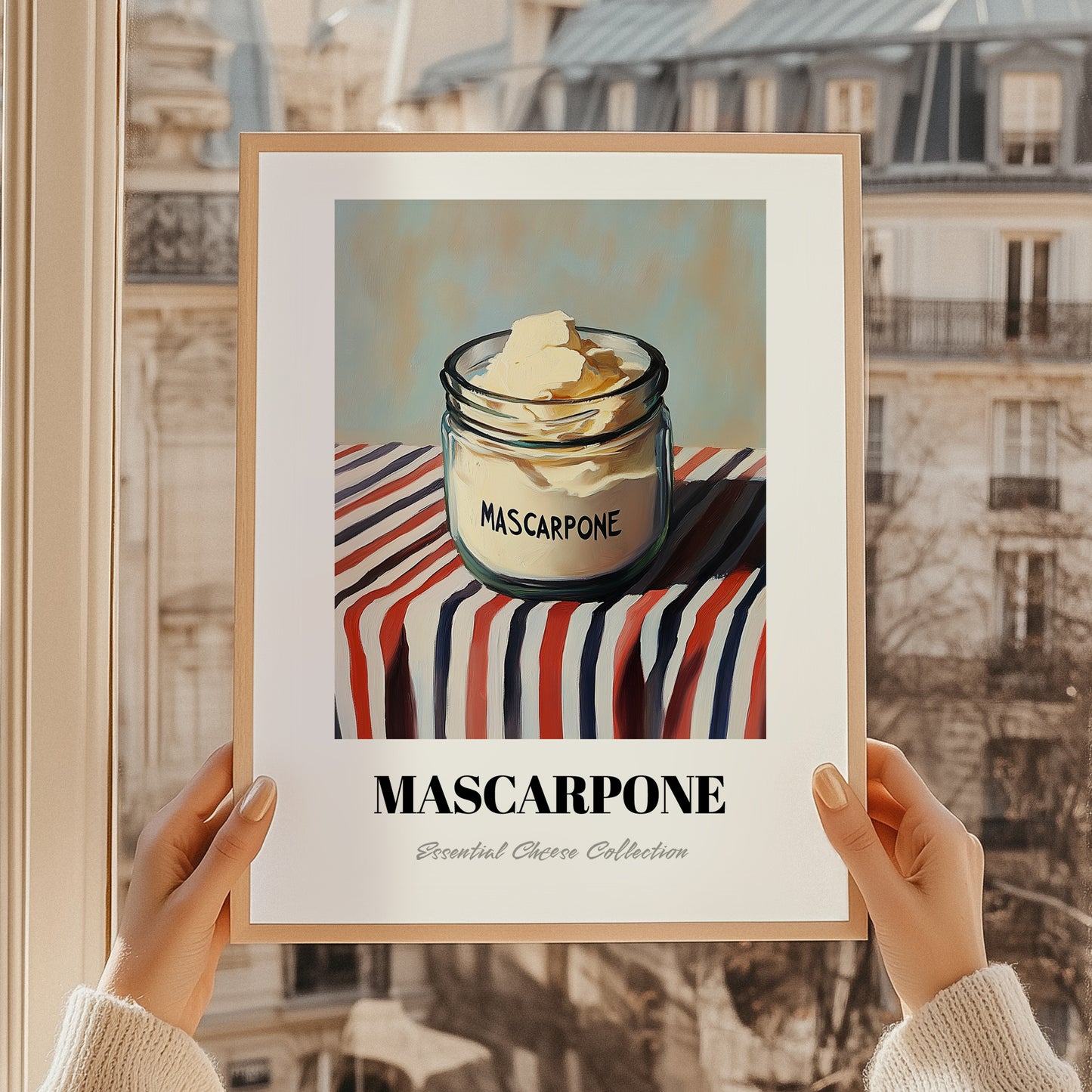 Mascarpone – on Striped Tablecloth, Cheese Print, styled in a charming Paris street view
