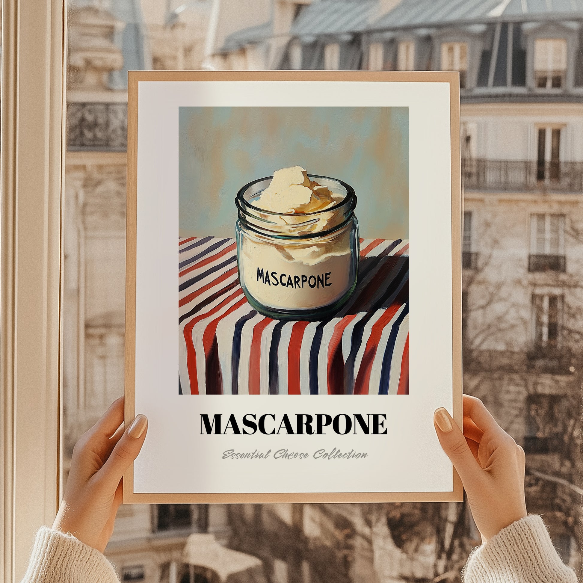 Mascarpone – on Striped Tablecloth, Cheese Print, styled in a charming Paris street view