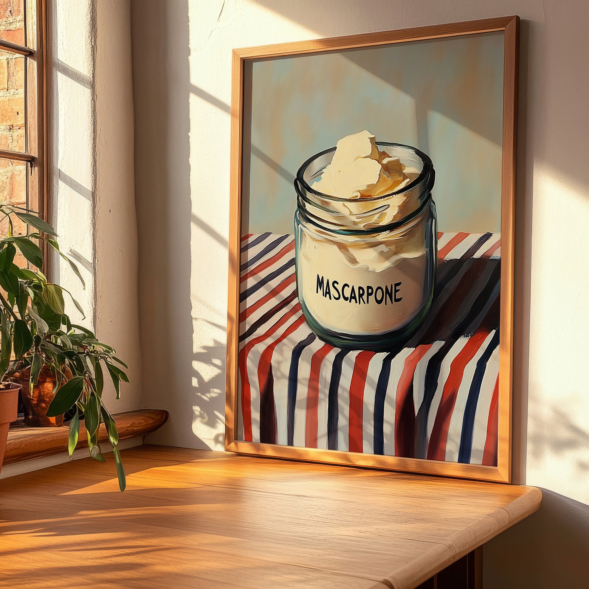 Mascarpone – on Striped Tablecloth, Cheese Print, clean layout with no caption