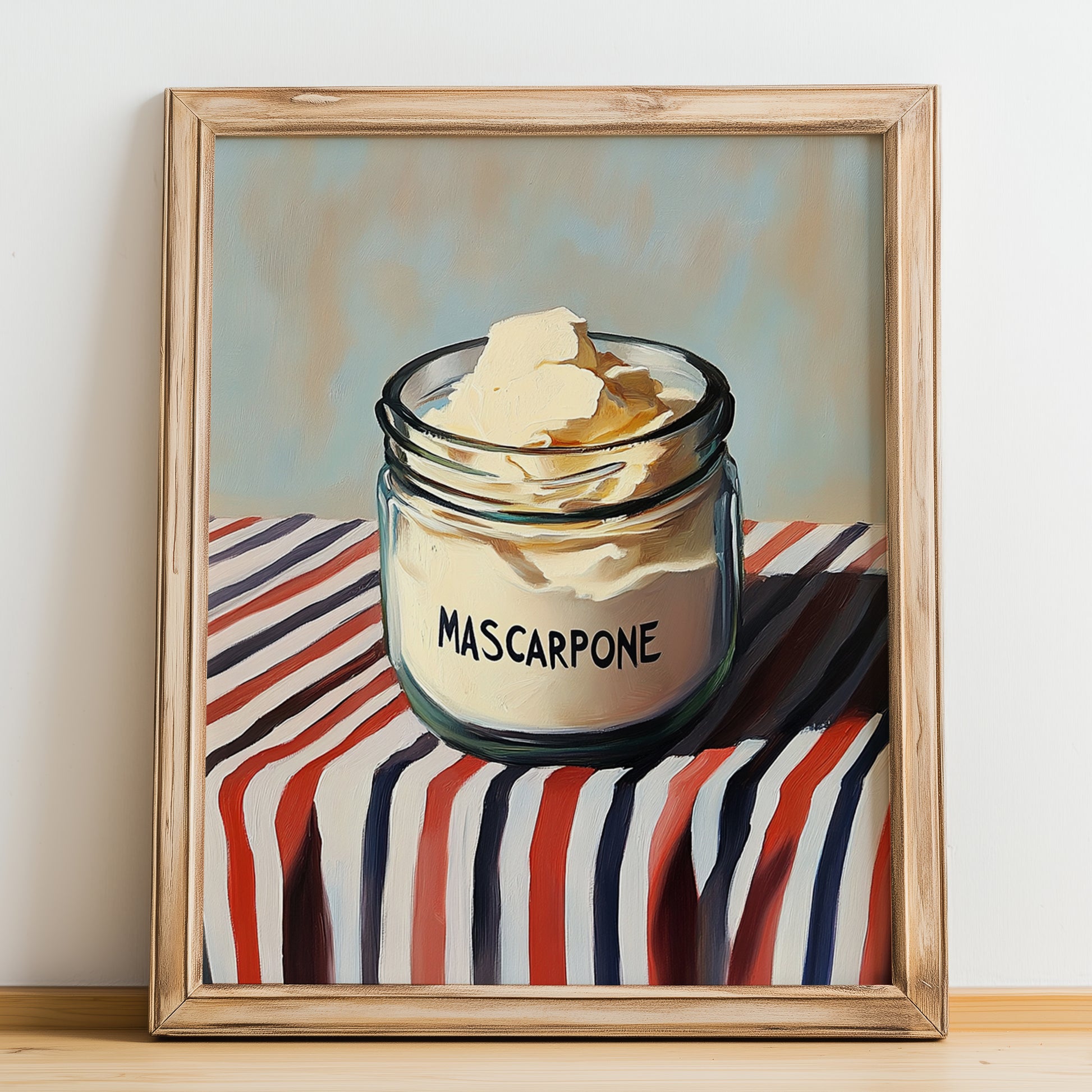 Mascarpone – on Striped Tablecloth, Cheese Print, no-text version framed in wood