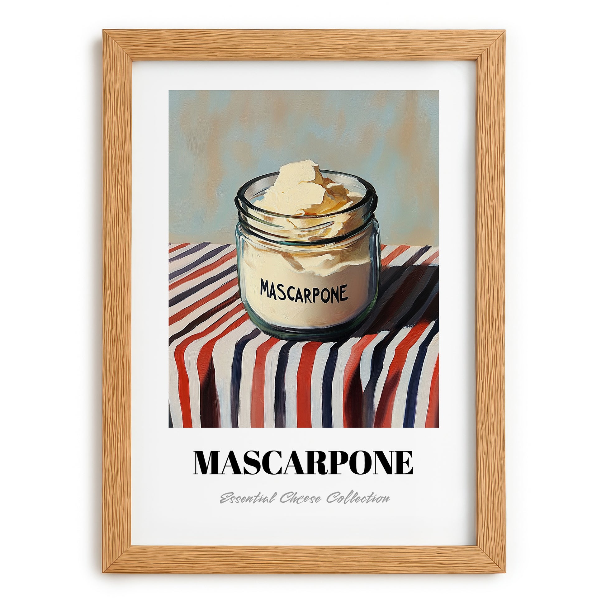 Mascarpone – on Striped Tablecloth, Cheese Print, set in oak frame
