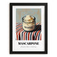Mascarpone – on Striped Tablecloth, Cheese Print, in sleek black frame